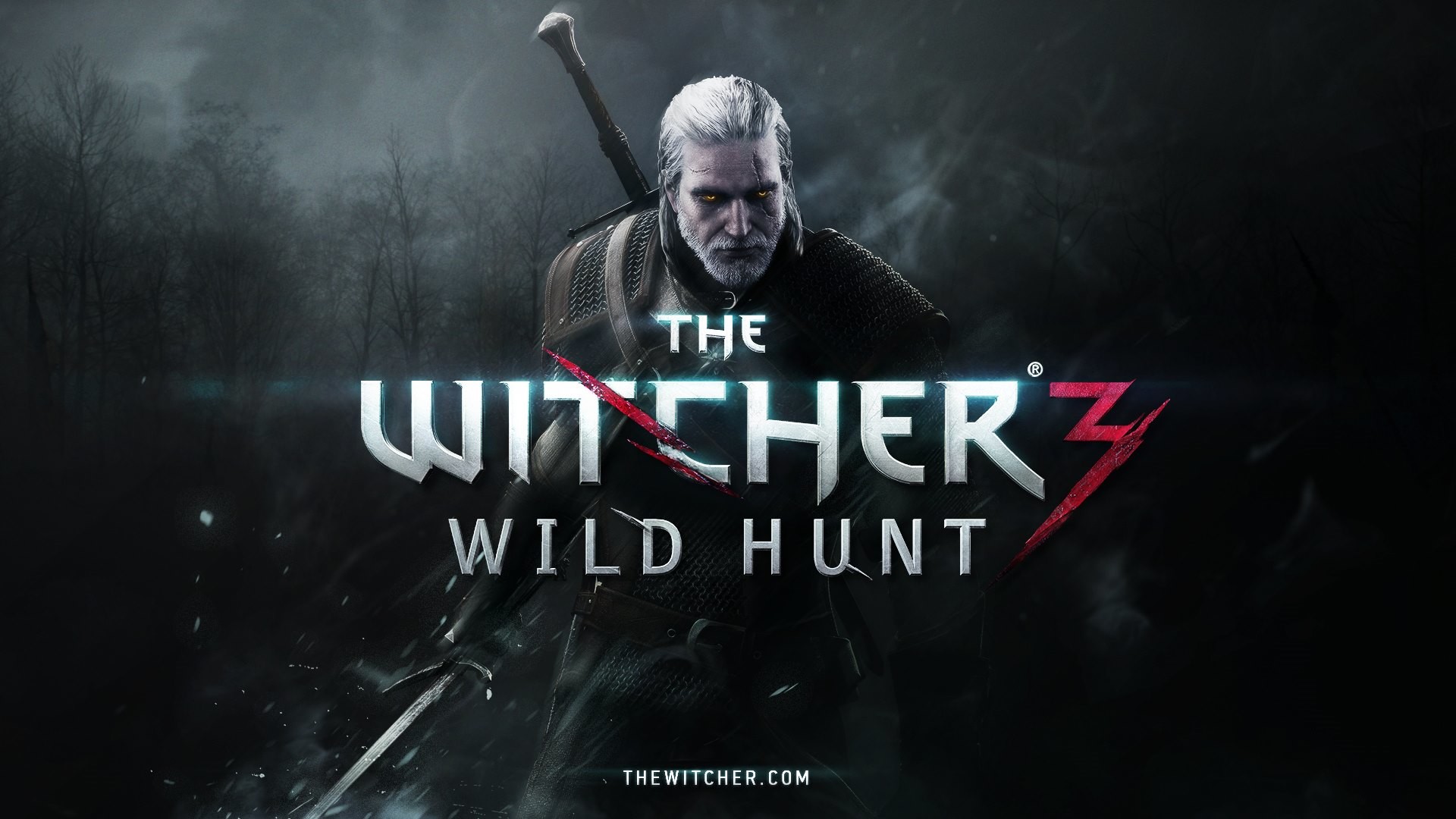 The Witcher 3: Wild Hunt, Geralt di Rivia, Logo, Sfondo scuro, Full HD, wallpaper desktop
