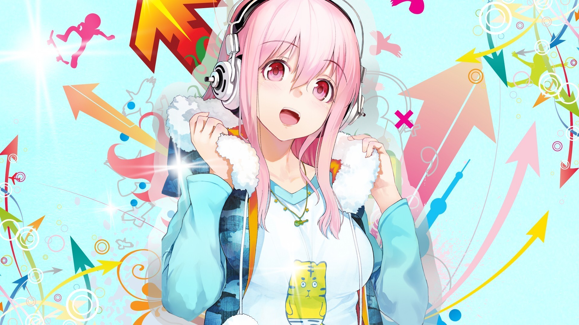 Super Sonico, Nitroplus, Cuffie, Frecce colorate, Full HD, sfondo per portatile