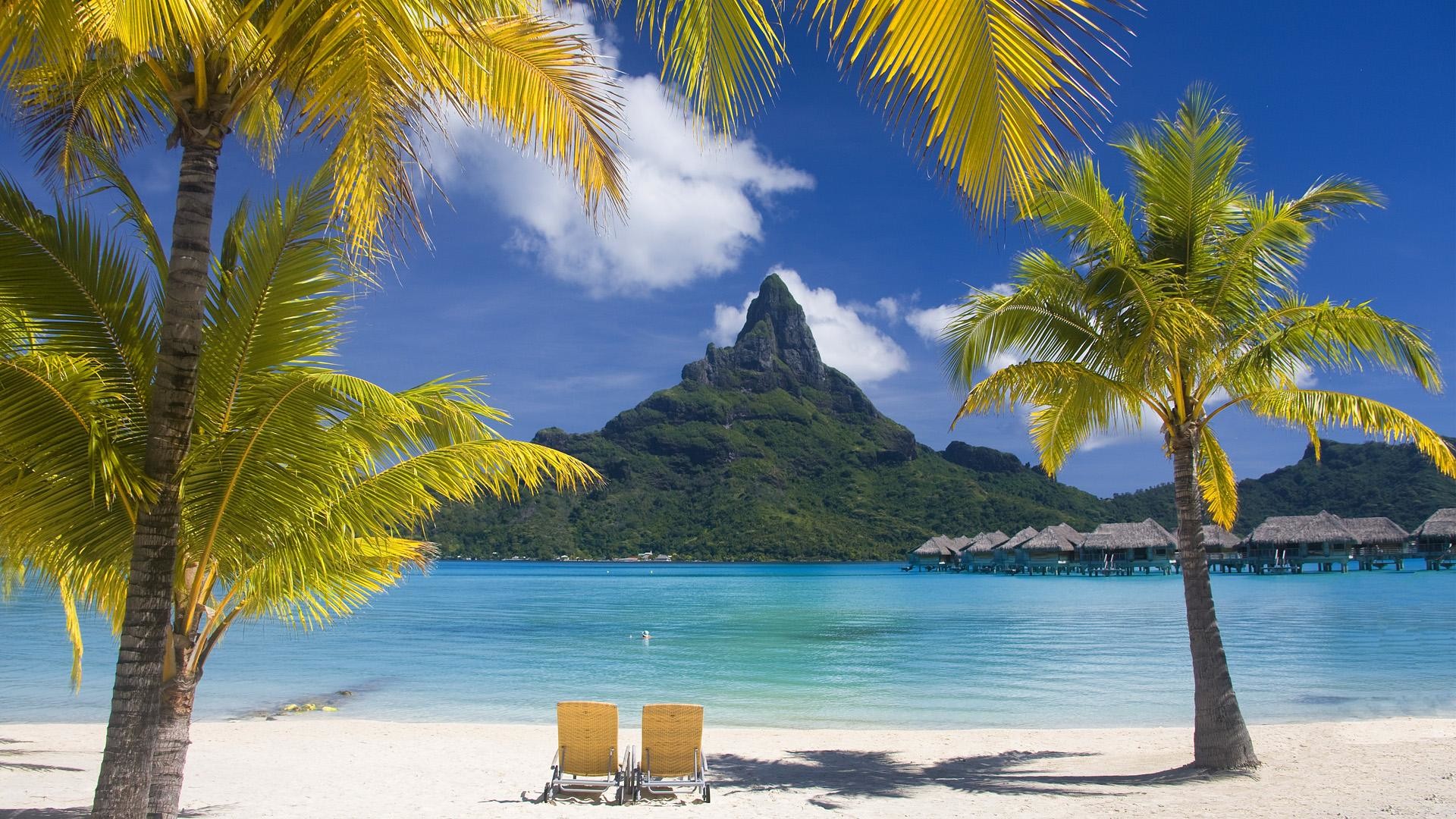 Bora Bora, Monte Otemanu, Palme, Spiaggia, Sdraio, Full HD, sfondo per portatile