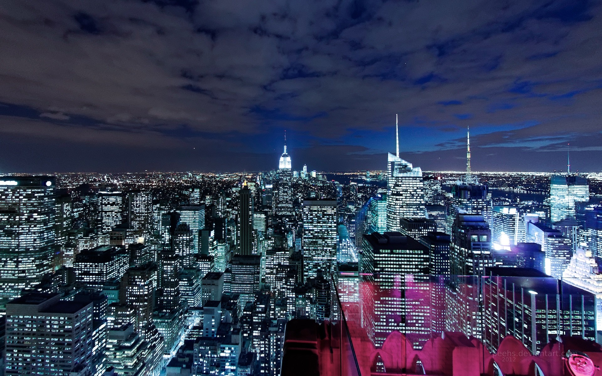 Manhattan, Notte, Vista aerea, Luci, Full HD, wallpaper desktop