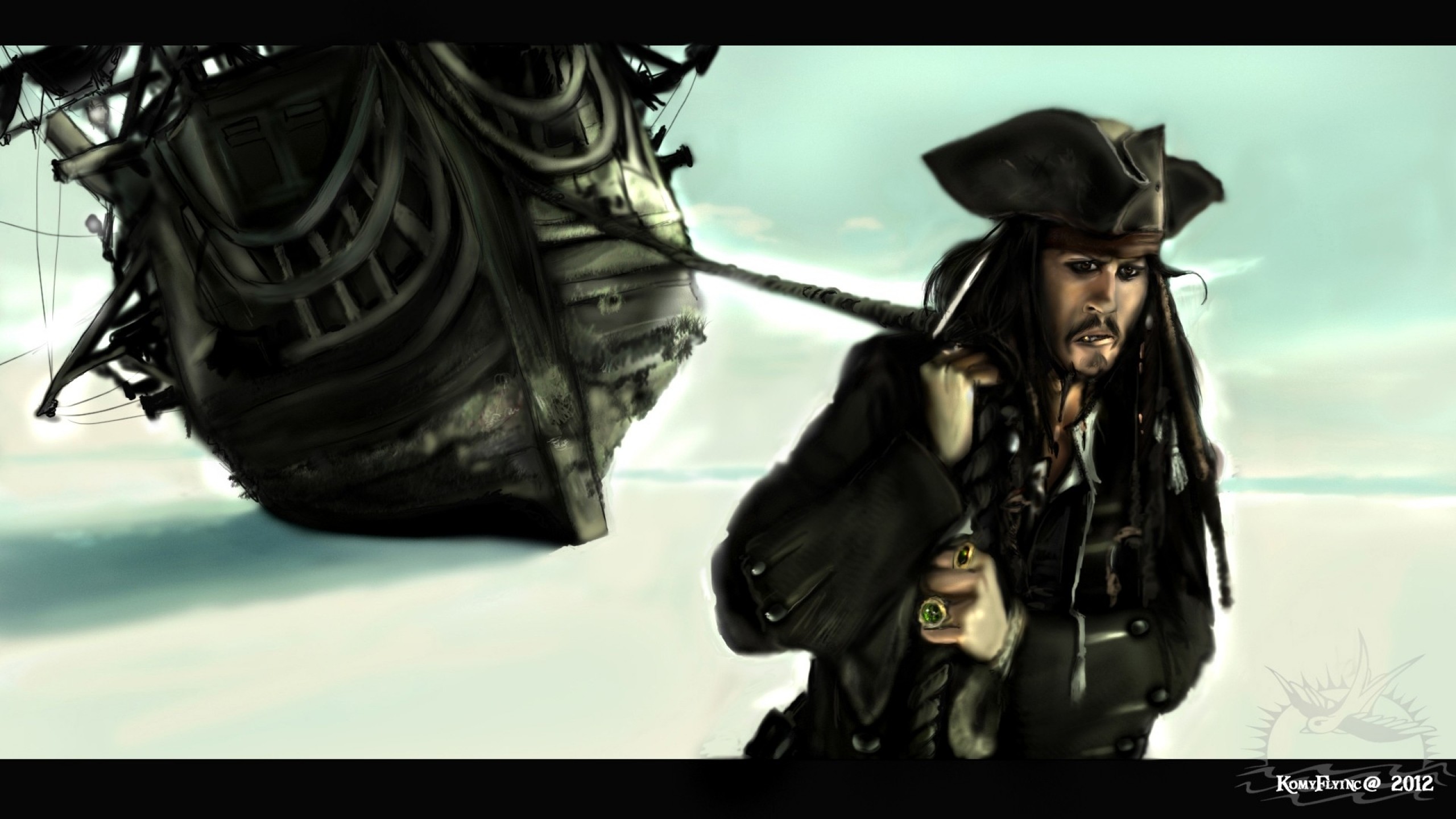 Jack Sparrow, Johnny Depp, Nave, Fan art, 16:9 2K, sfondo widescreen