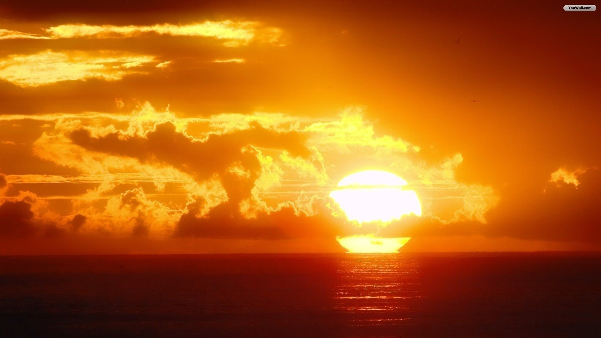 Sole, Nuvole, Tramonto sul mare, Arancione, 1920x1080, sfondo per PC
