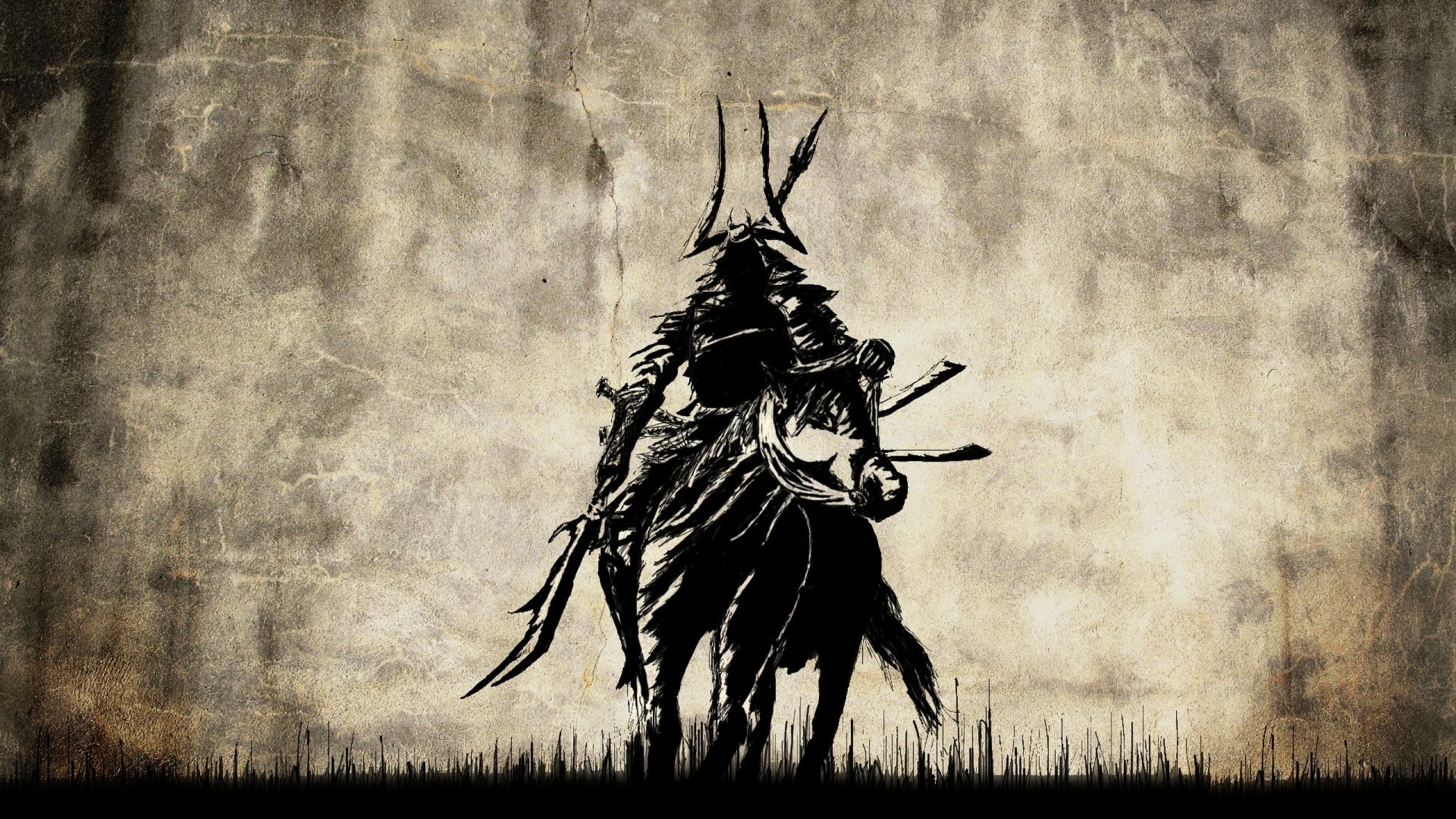 Samurai, Silhouette, Carta antica, 2K, sfondo desktop