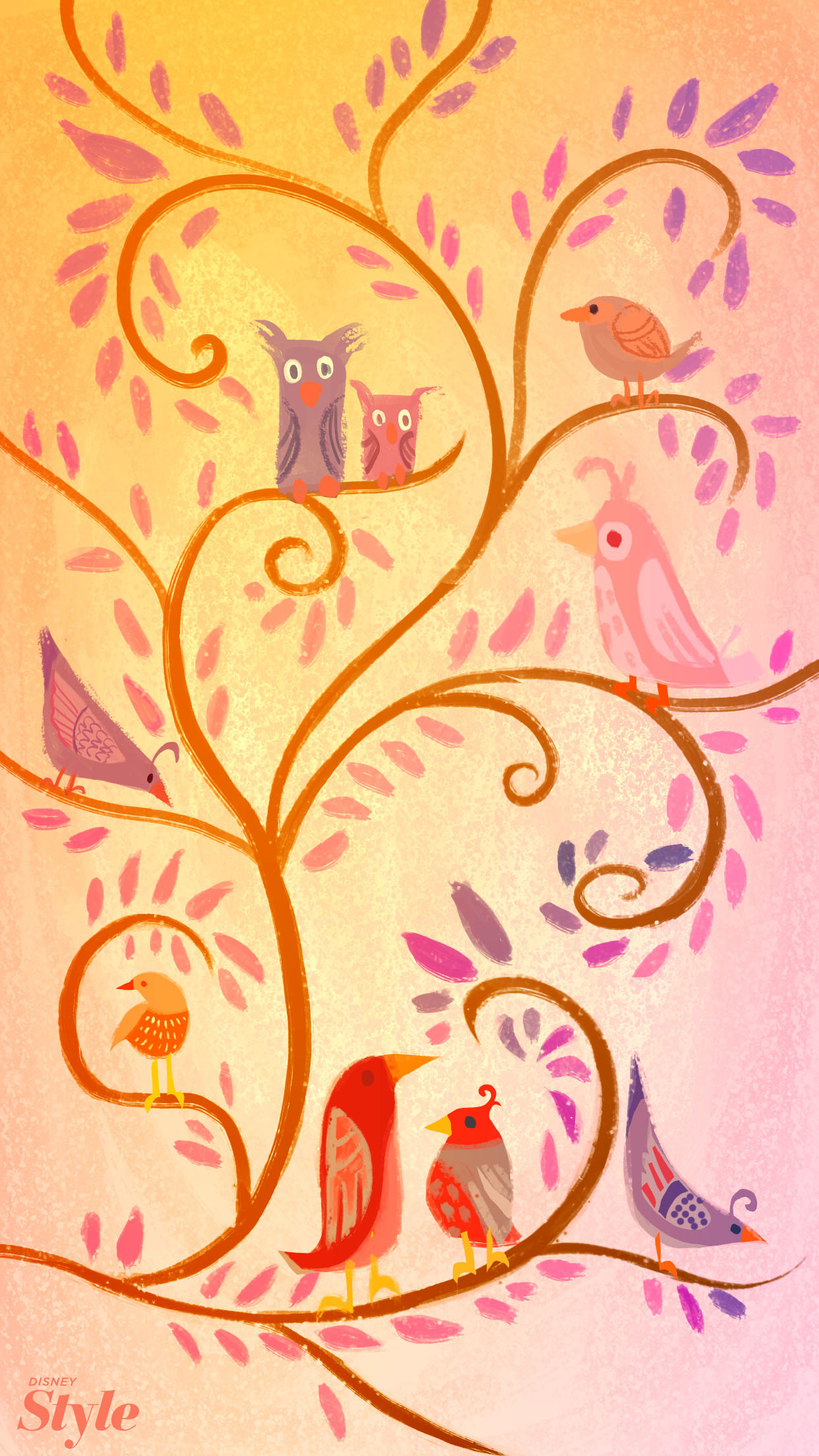 Uccellini, Albero, Illustrazione, Pesca, wallpaper iPhone