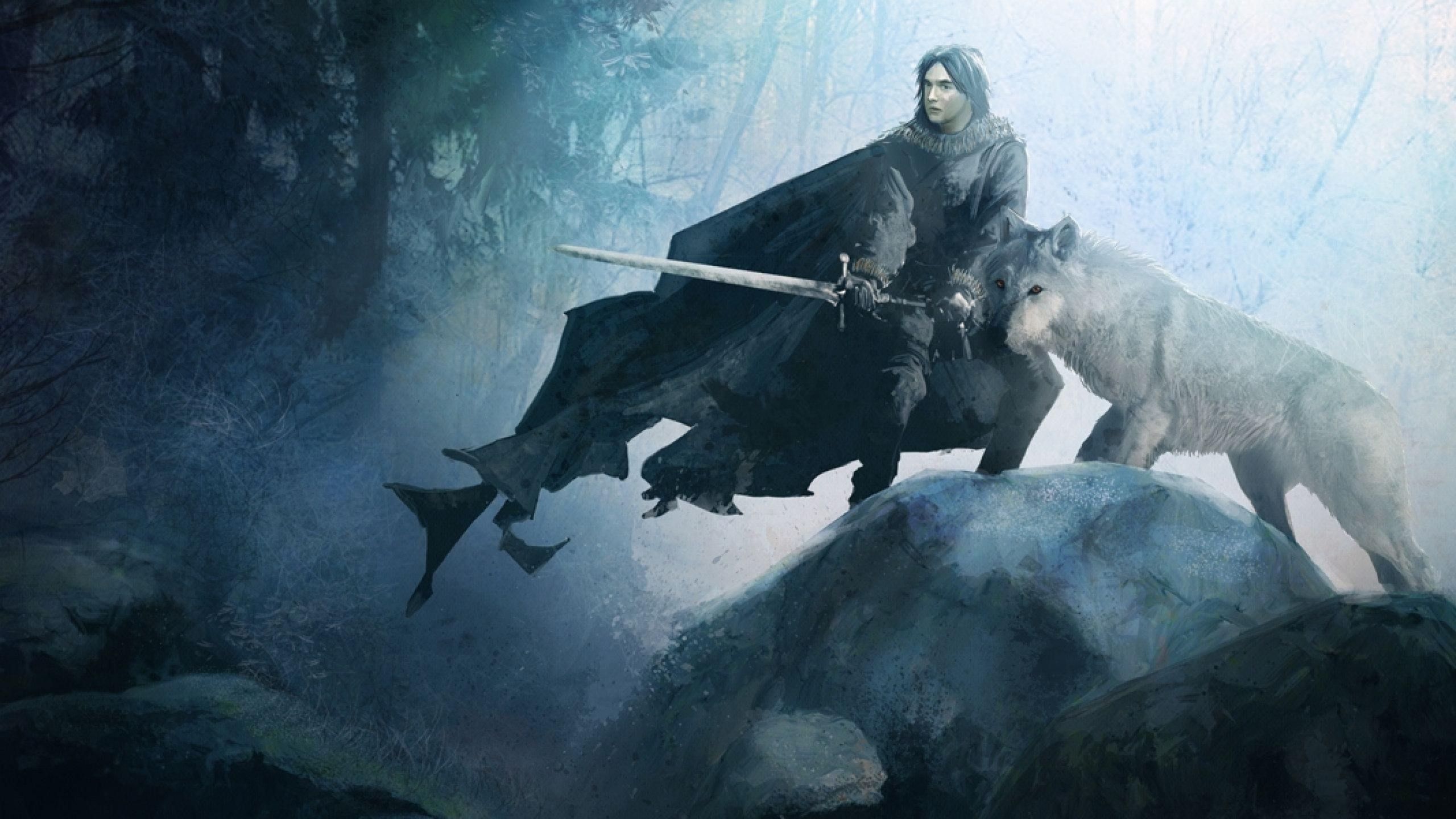 Jon Snow, Spettro, Spada, Pittura digitale, Neve, 2560x1440, sfondo per PC