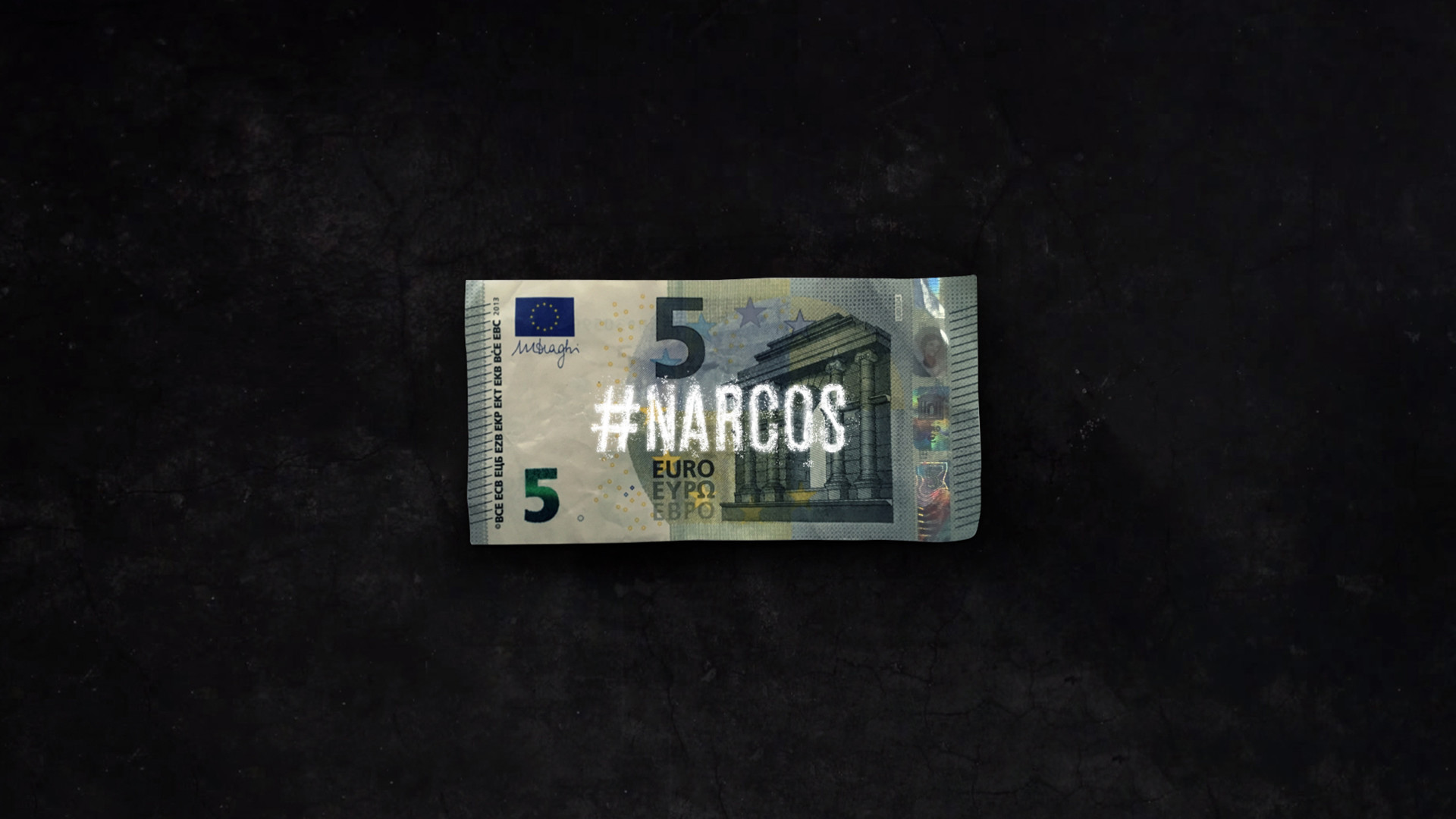 Narcos, Banconota da 5 euro, Hashtag, Sfondo nero, Minimalista, Full HD, wallpaper per computer