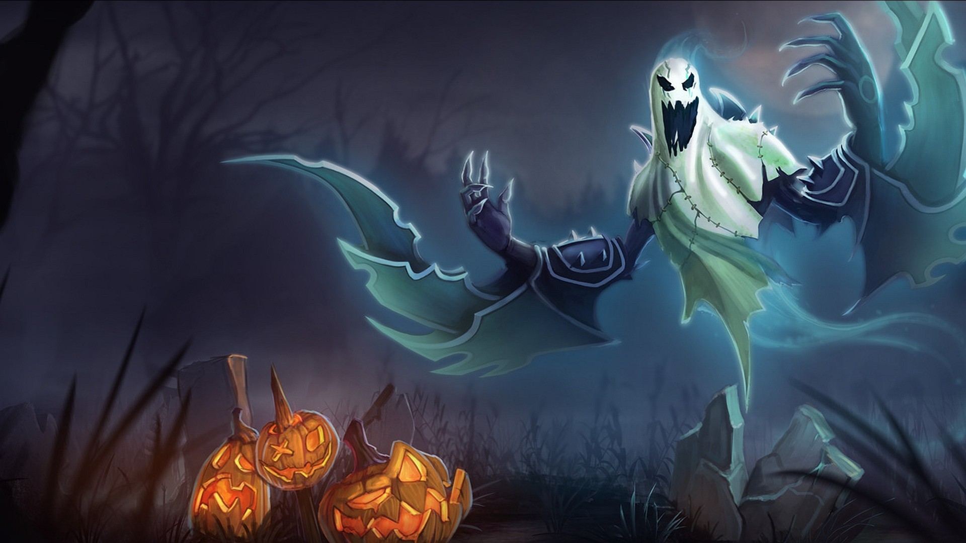 Fantasma, Zucche, Cimitero, Arte digitale, Blu, Full HD, wallpaper per portatile