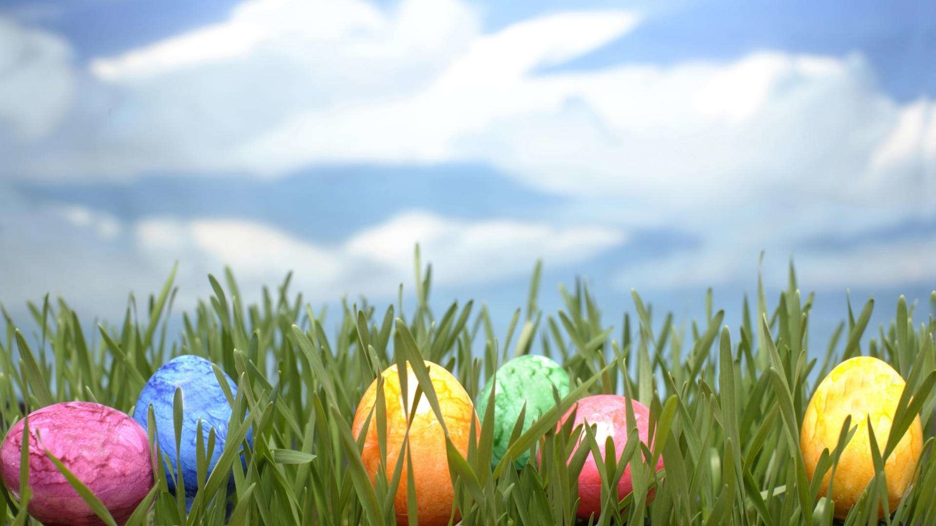 Uova di Pasqua, Erba, Cielo azzurro, 1920x1080, immagine di sfondo