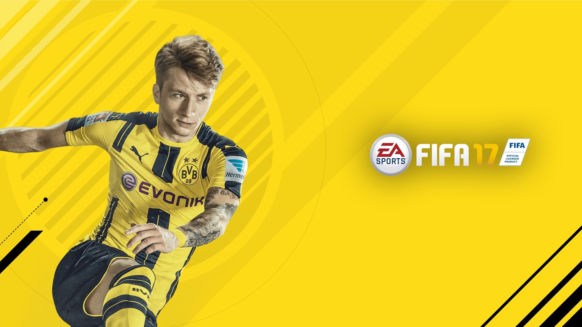Marco Reus, FIFA 17, Borussia Dortmund, Logo, Sfondo giallo, 1920x1080, wallpaper desktop