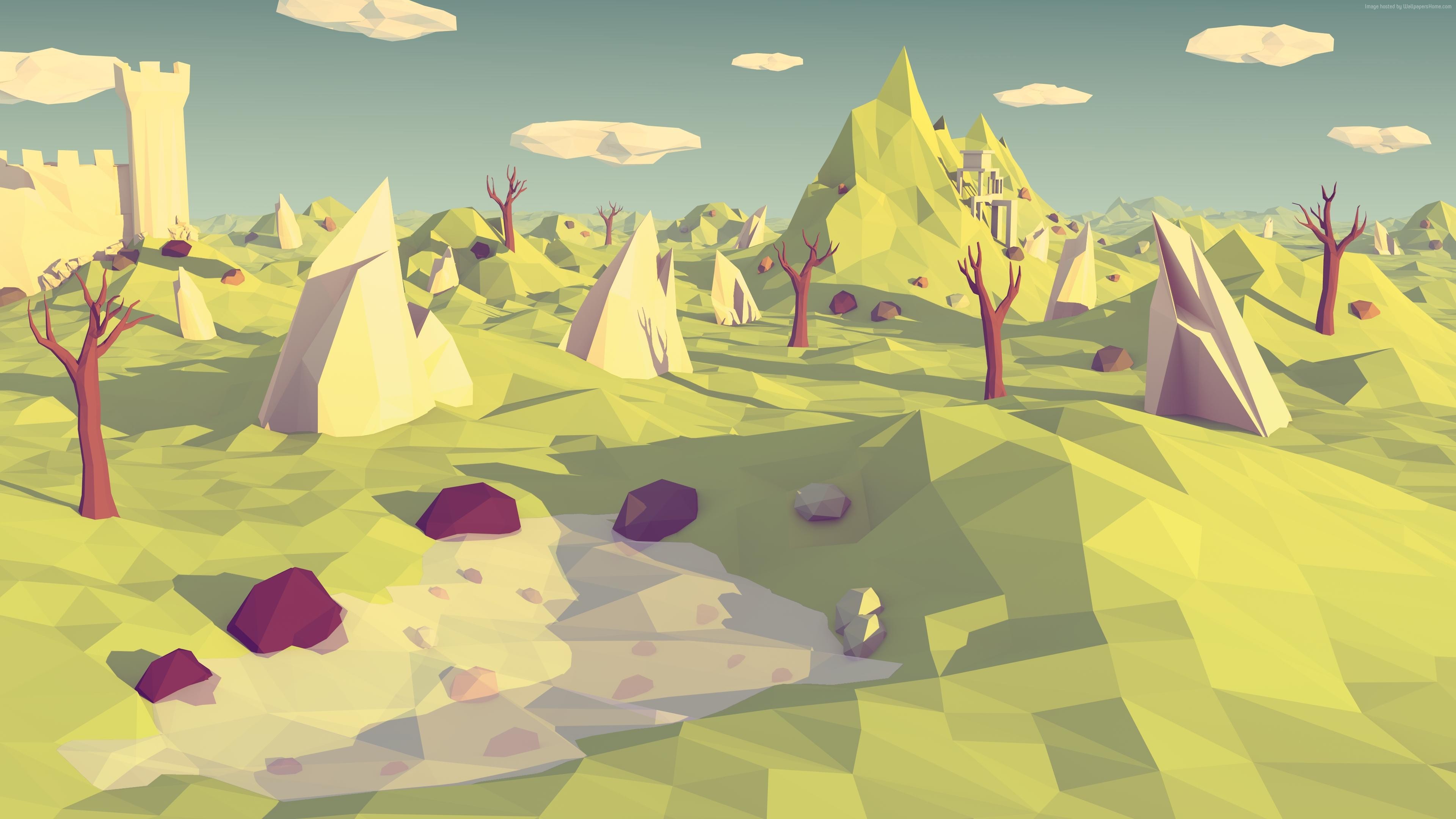 Low poly, Paesaggio, Colline, Alberi spogli, 3840x2160, immagine di sfondo