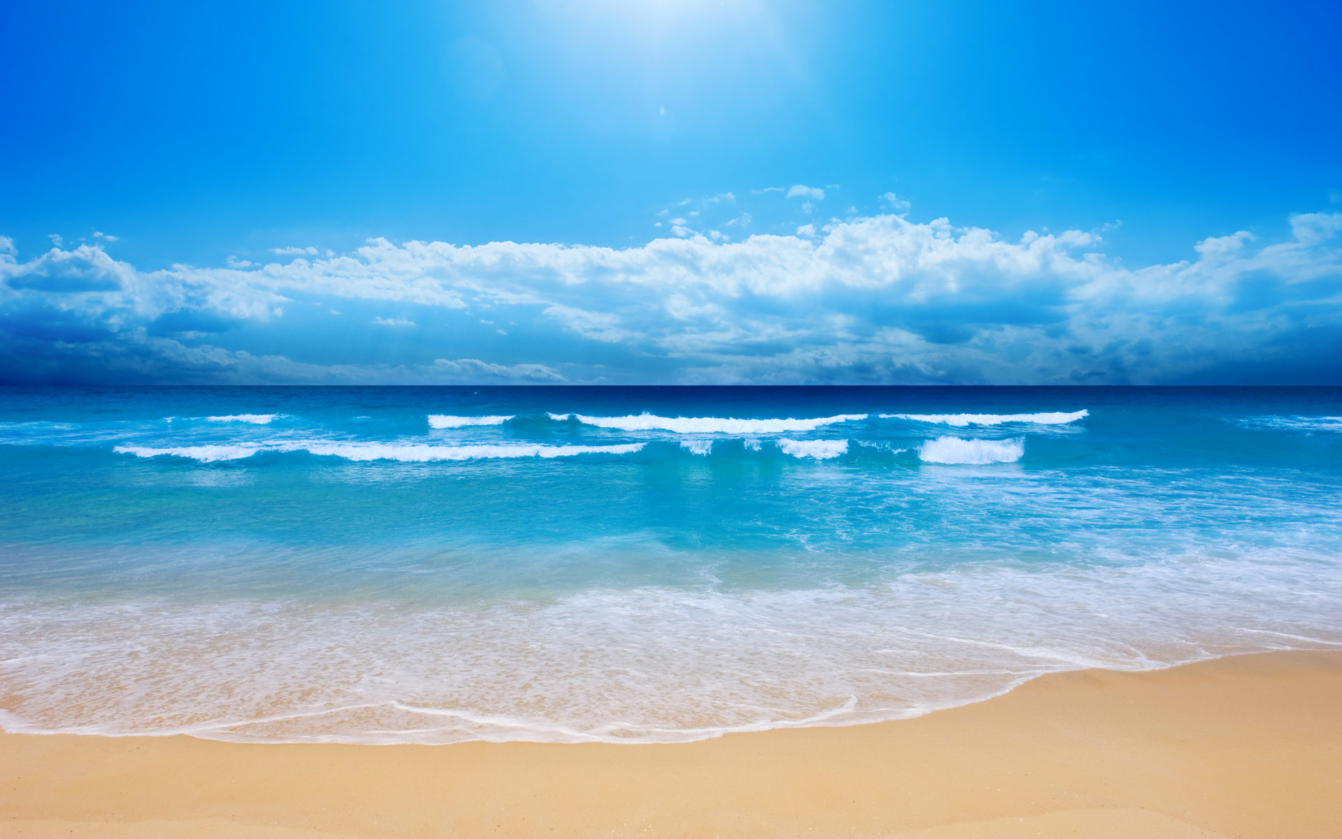 Spiaggia, Onde, Mare azzurro, Nuvole, Sole, 1920x1200, sfondo per PC