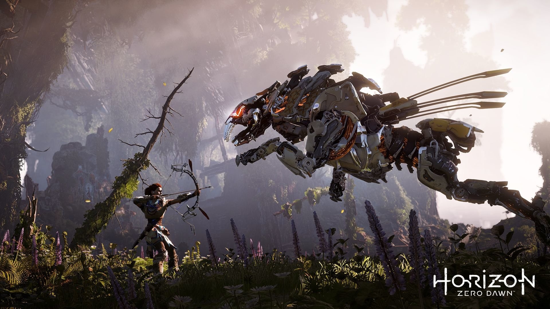Aloy, Horizon Zero Dawn, Sawtooth, Arco, Foresta, 1920x1080, immagine di sfondo