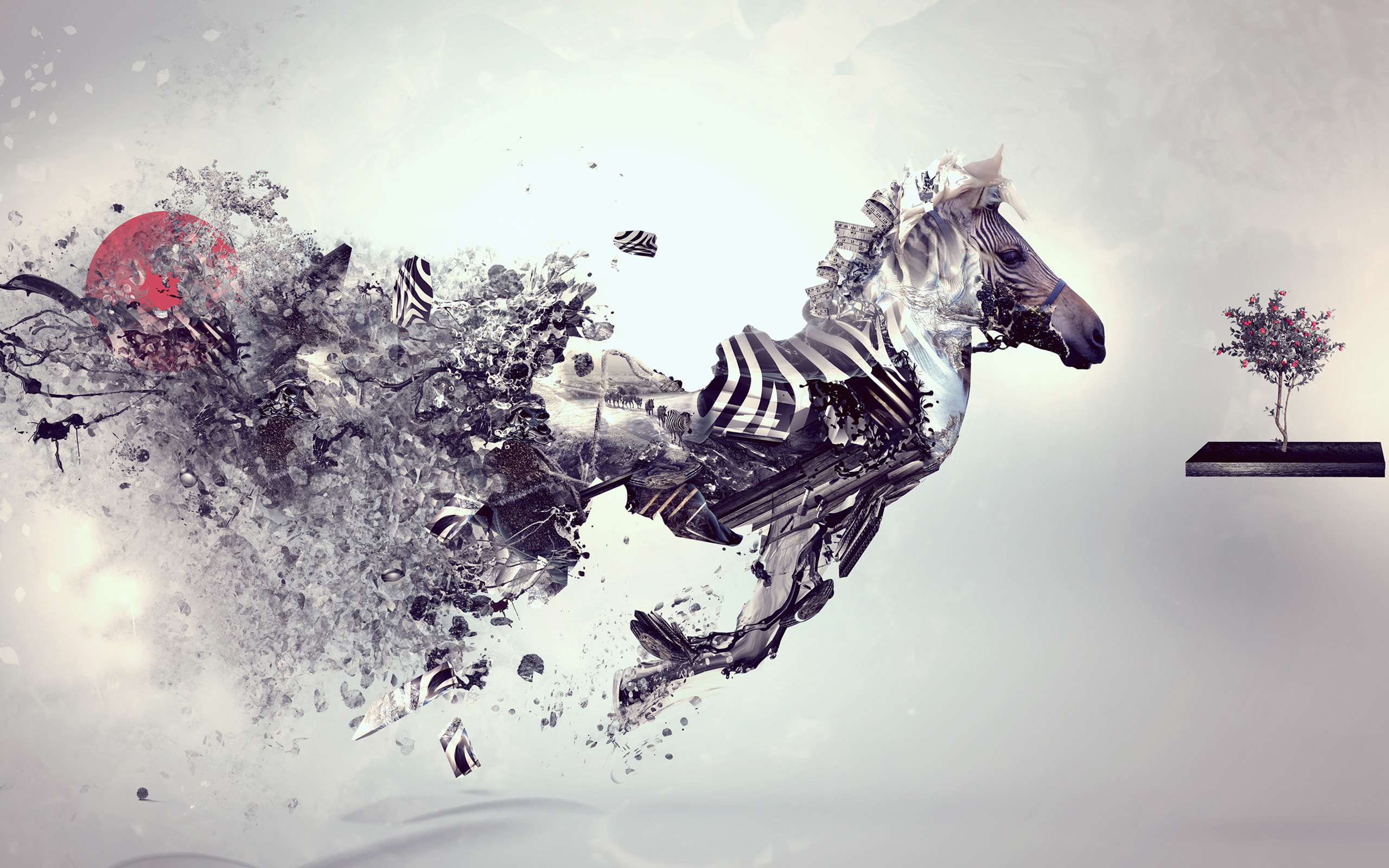 Zebra, Disintegrazione, Arte digitale, Surrealismo, Sole rosso, 2560x1600, immagine di sfondo