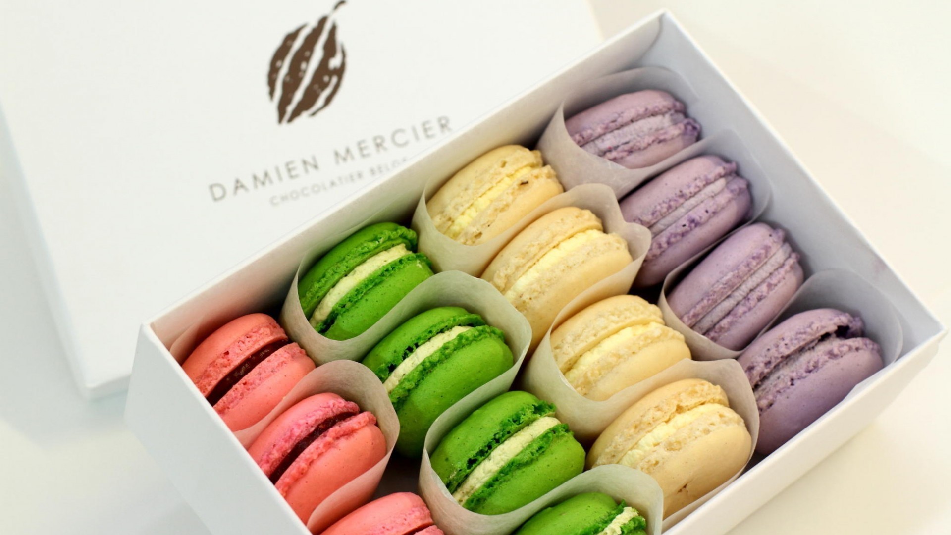 Damien Mercier, Macarons, Scatola, Colori pastello, 16:9 Full HD, sfondo widescreen
