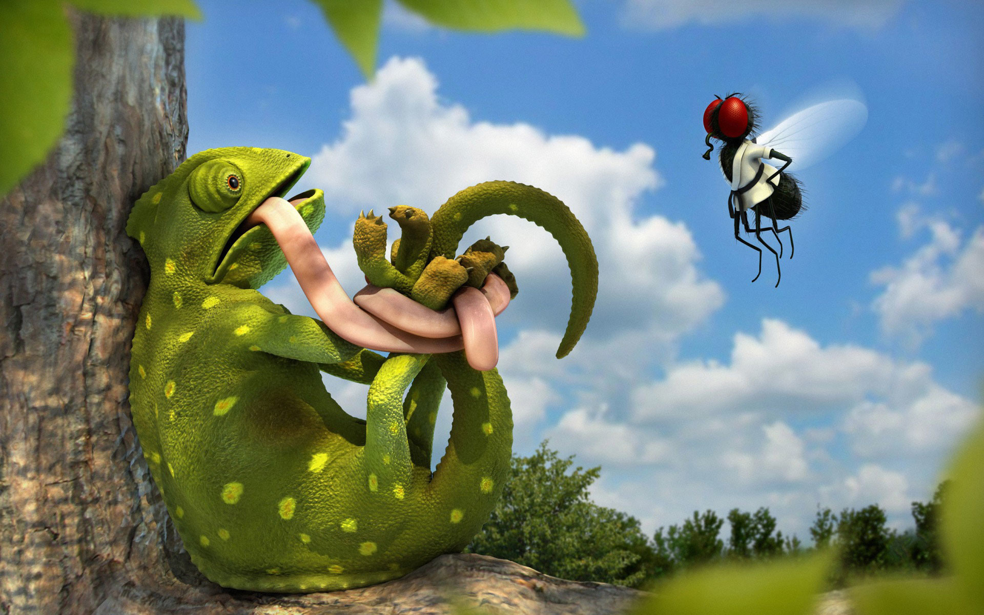 Camaleonte, Mosca, Illustrazione 3D, Cartone animato, Cielo azzurro, sfondo desktop Full HD