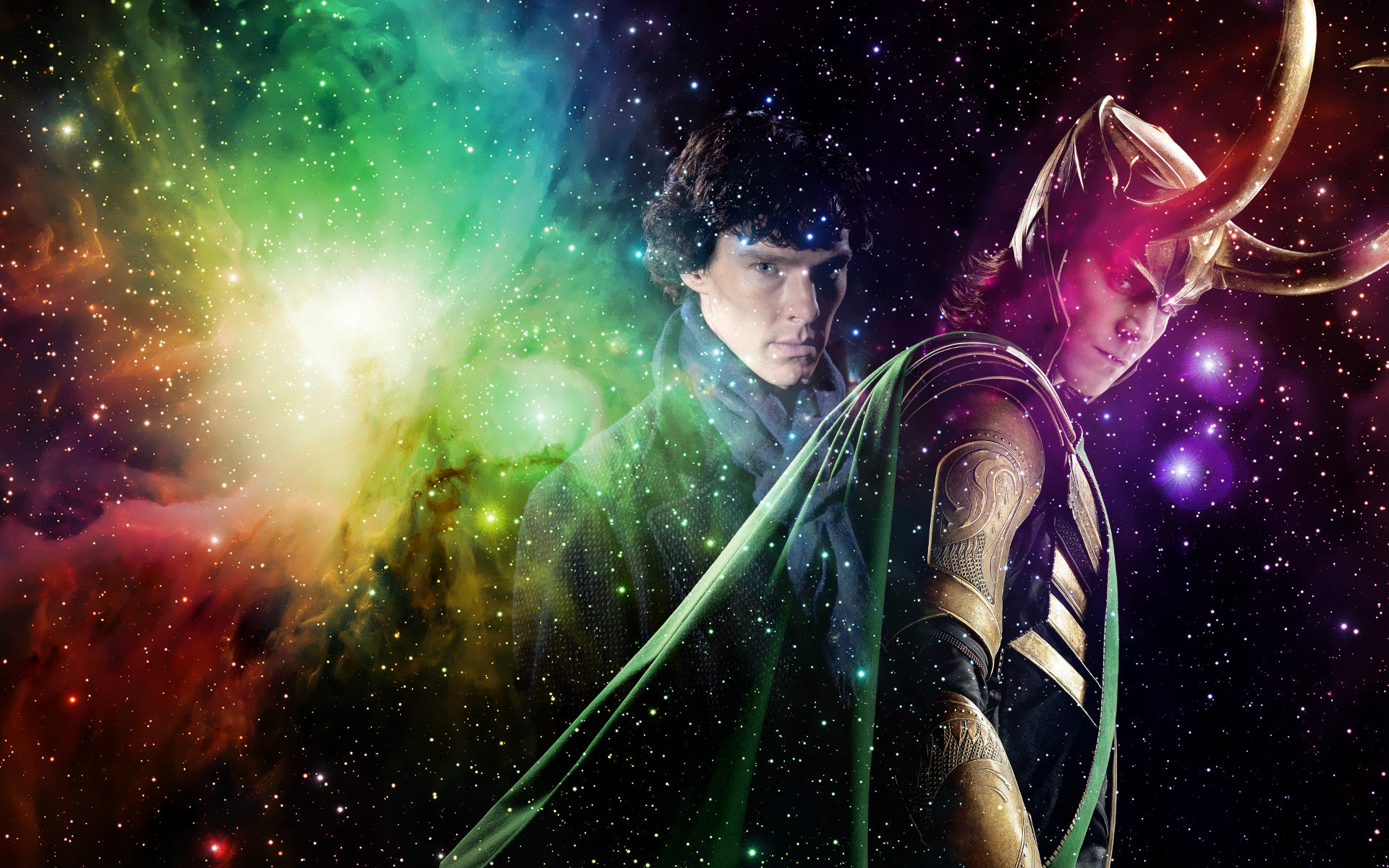 Sherlock Holmes, Loki, Benedict Cumberbatch, Tom Hiddleston, Crossover, Galassia, sfondo per PC