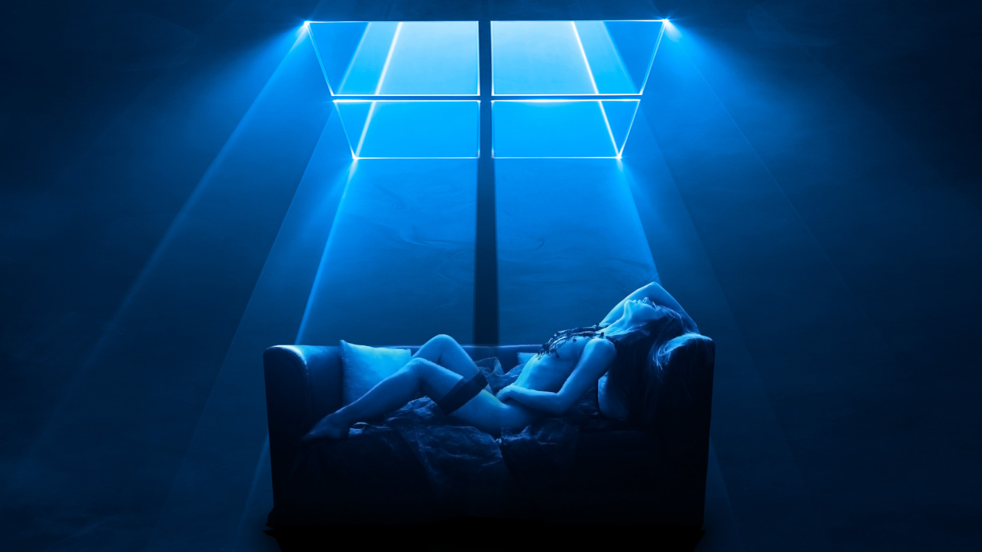 Windows 10, Logo Windows, Divano, Luce blu, Full HD 1080p, sfondo desktop