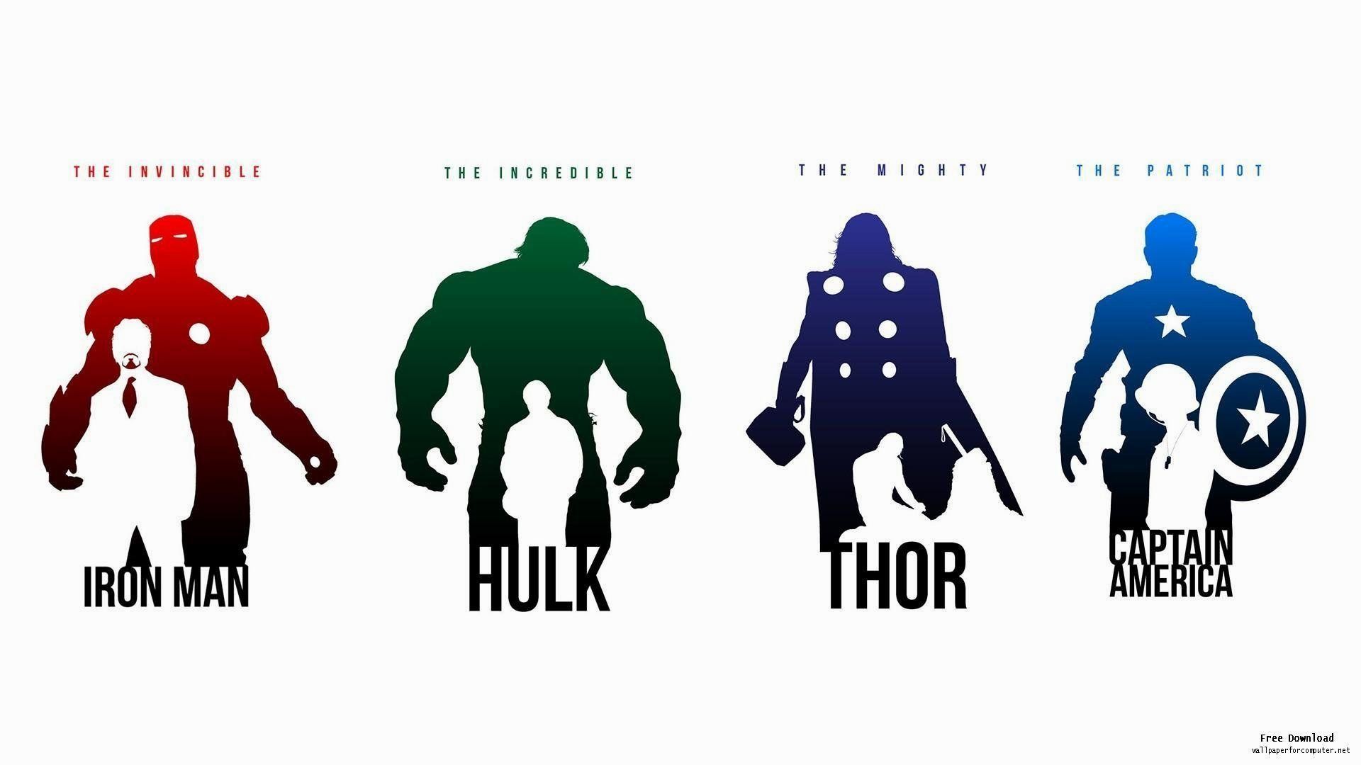 Iron Man, Hulk, Thor, Capitan America, Silhouette, Minimalista, 1920x1080, sfondo per PC