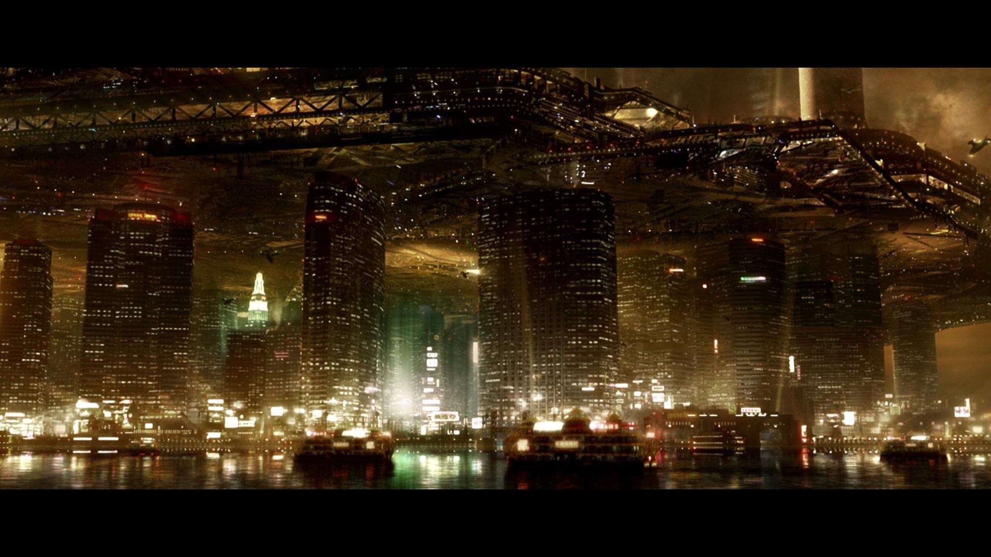 Città futuristica, Notte, Luci dorate, Panorama, Full HD, sfondo per portatile