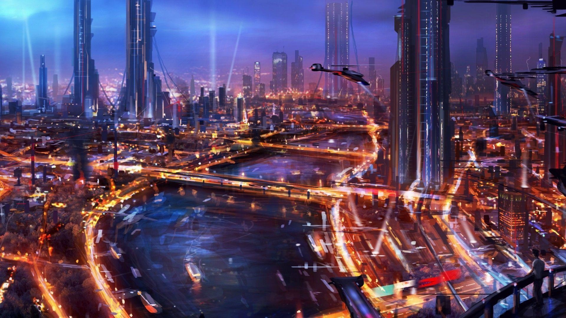 Città futuristica, Metropoli, Notte, Fiume, Luci, 16:9 Full HD, sfondo widescreen