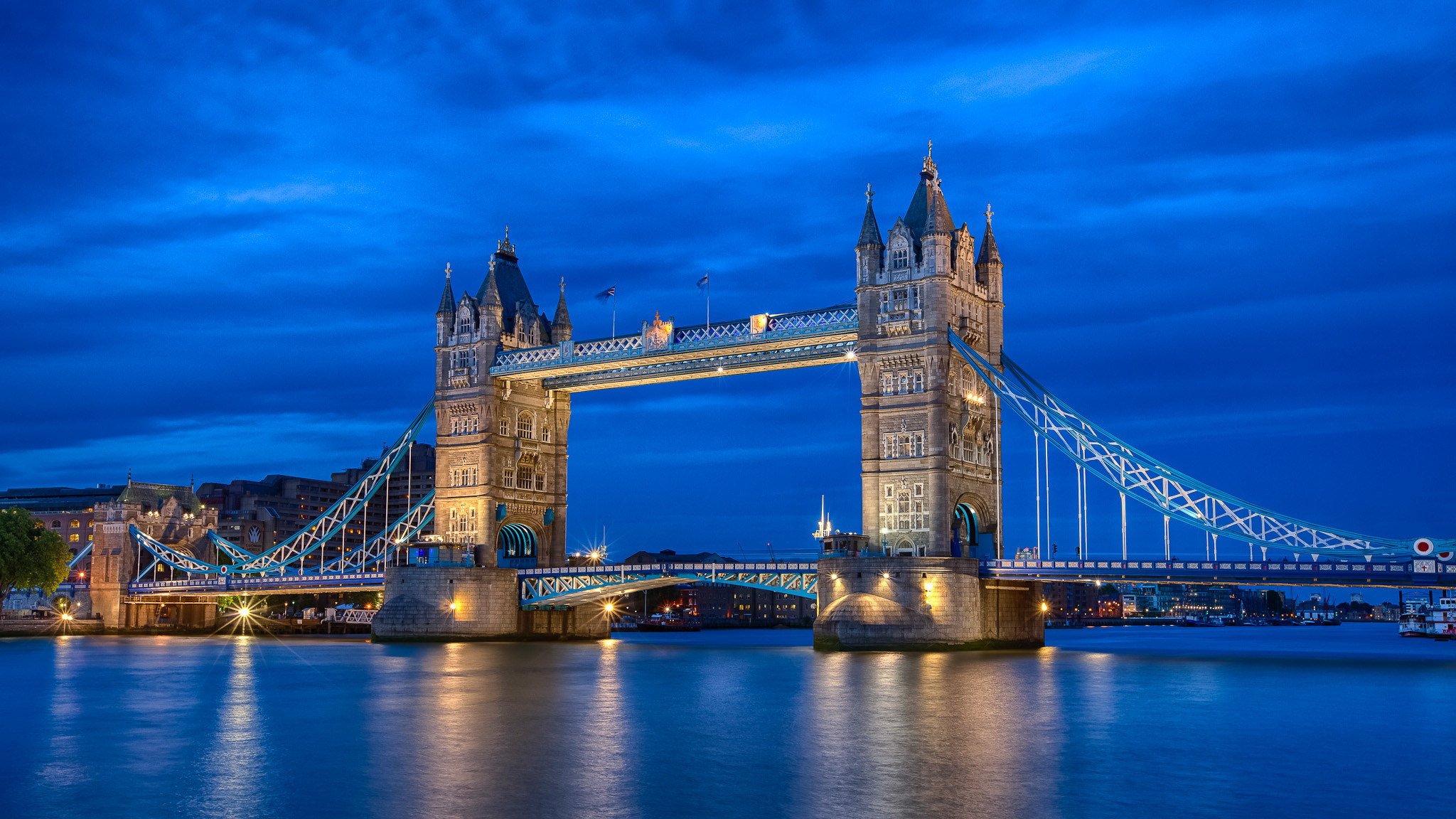 Tower Bridge, Tamigi, Londra, Ora blu, 16:9 Full HD, wallpaper widescreen