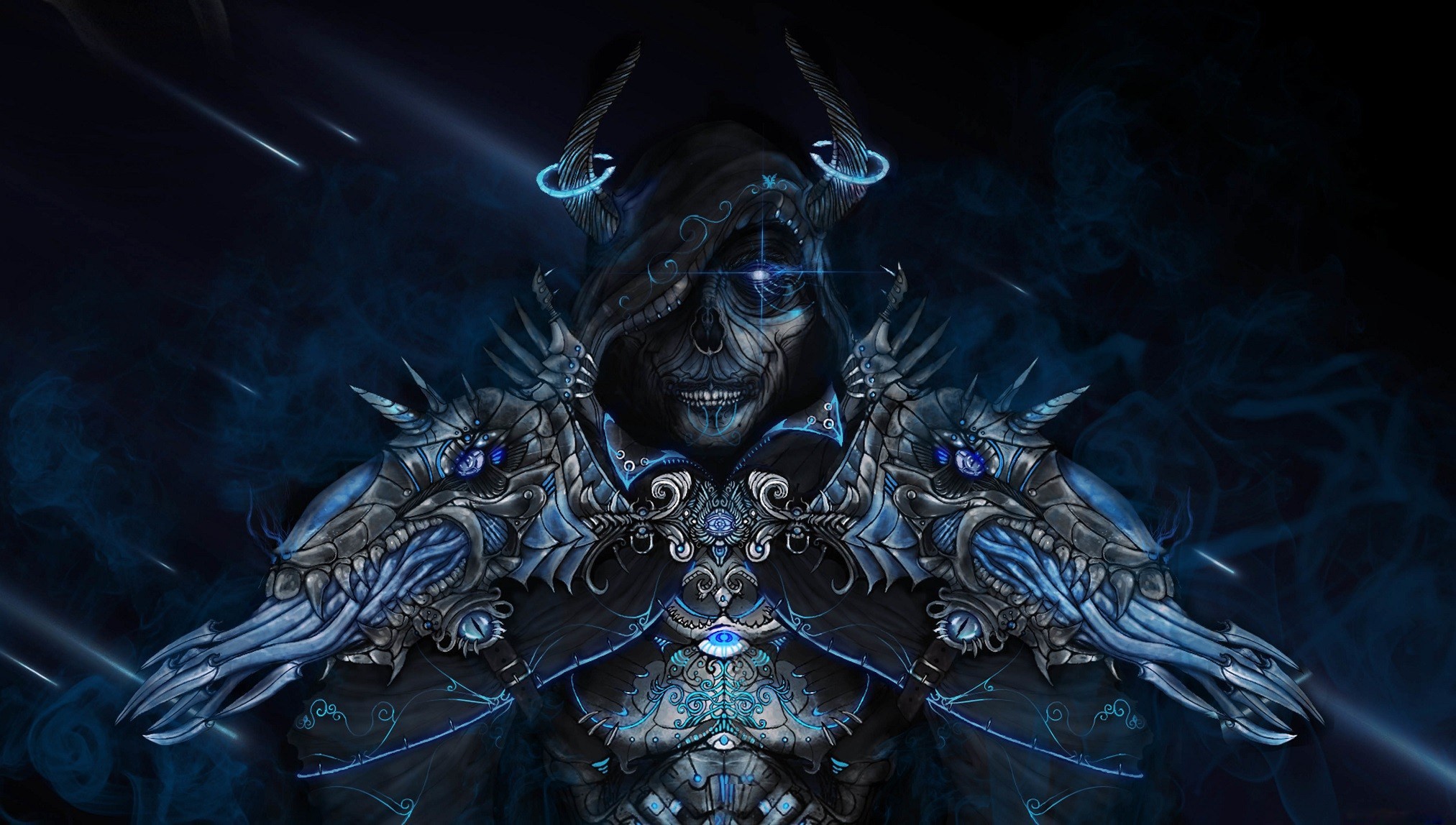 Cavaliere della morte, Armatura, Teschio, Fantasy oscuro, Blu, Full HD, sfondo desktop