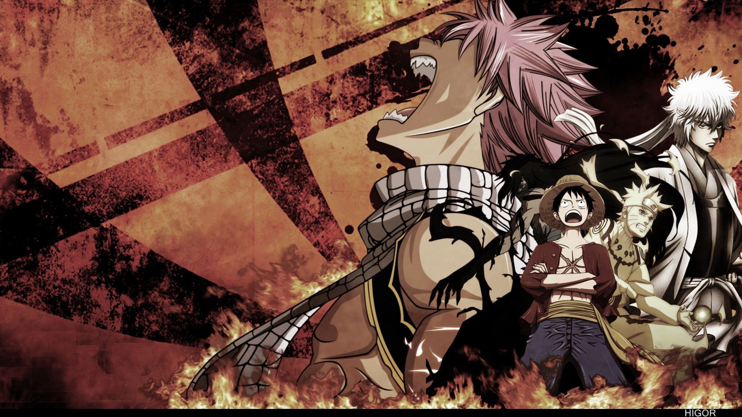 Natsu Dragneel, Monkey D. Luffy, Gintoki Sakata, Fairy Tail, Crossover, sfondo widescreen 2K