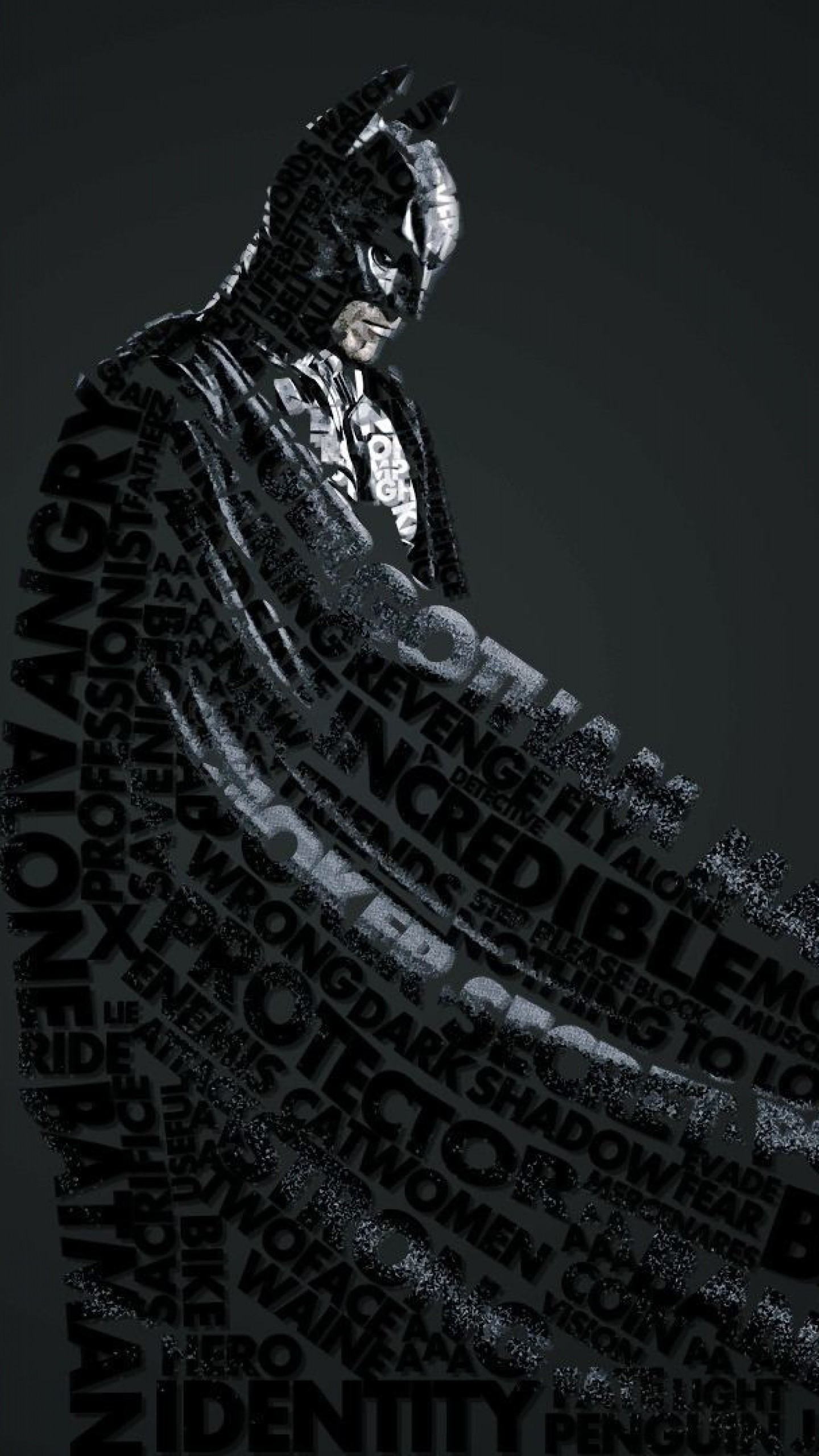 Batman, Tipografia, Mantello, Bianco e nero, QHD+, sfondo per smartphone