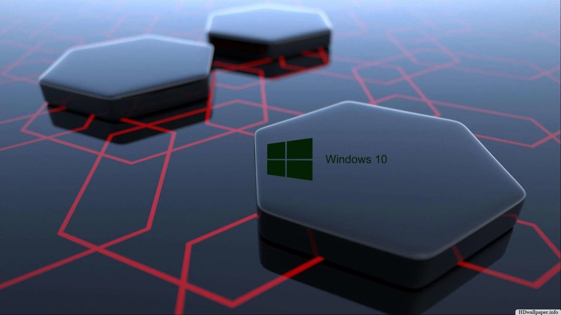 Windows 10, Esagoni, Rendering 3D, Linee rosse, Full HD, sfondo per PC