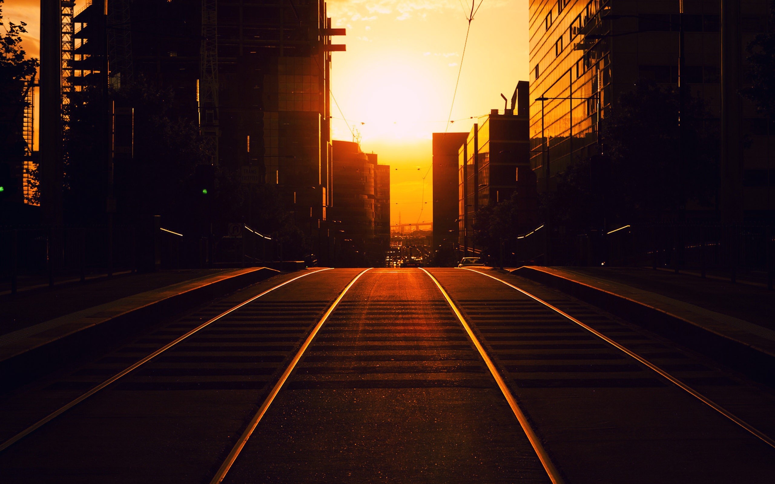 Binari, Tramonto, Strada, Grattacieli, 2560x1600, immagine di sfondo
