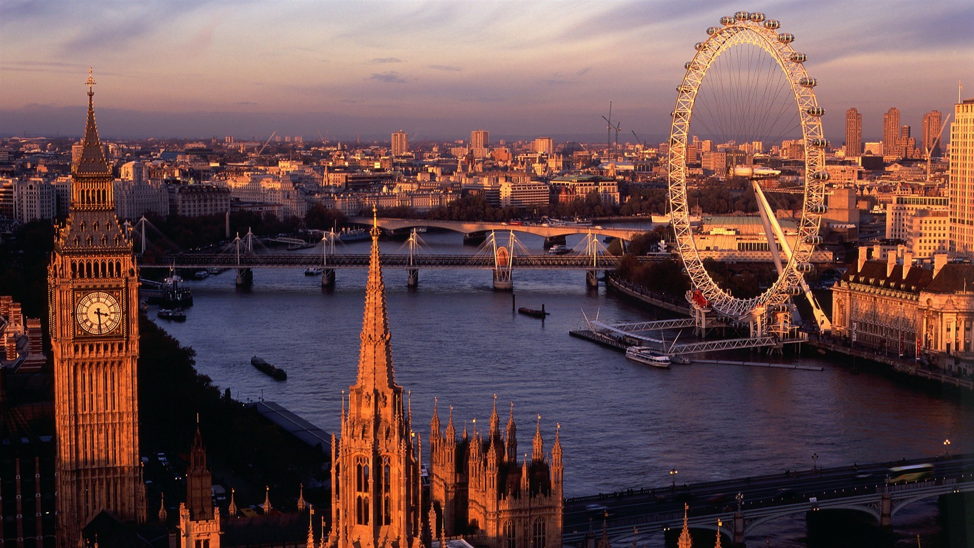 Big Ben, London Eye, Tamigi, Londra, Tramonto, Full HD 1080p, sfondo desktop