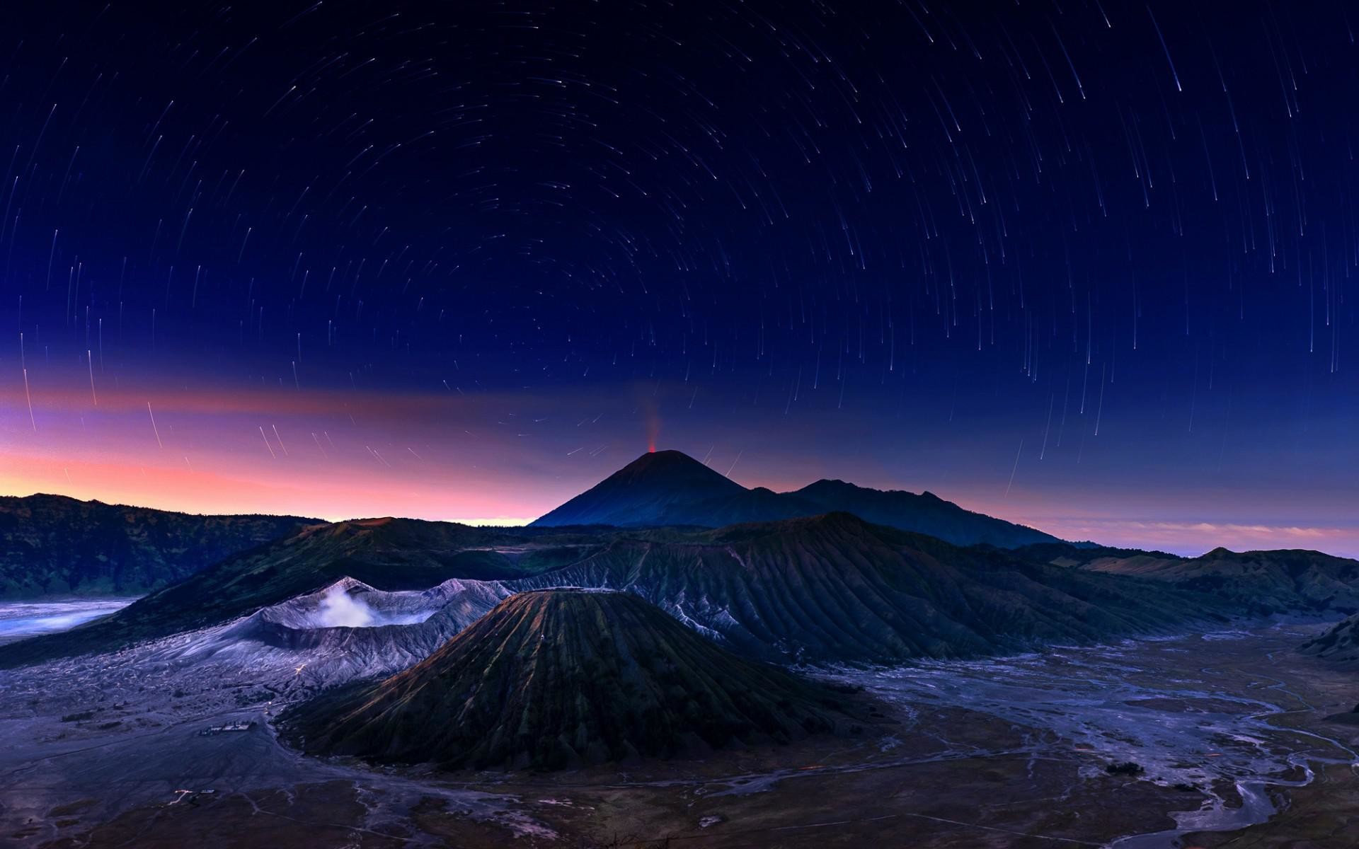 Monte Bromo, Giava, Indonesia, Vulcano, Scie stellari, Full HD, sfondo Windows 11