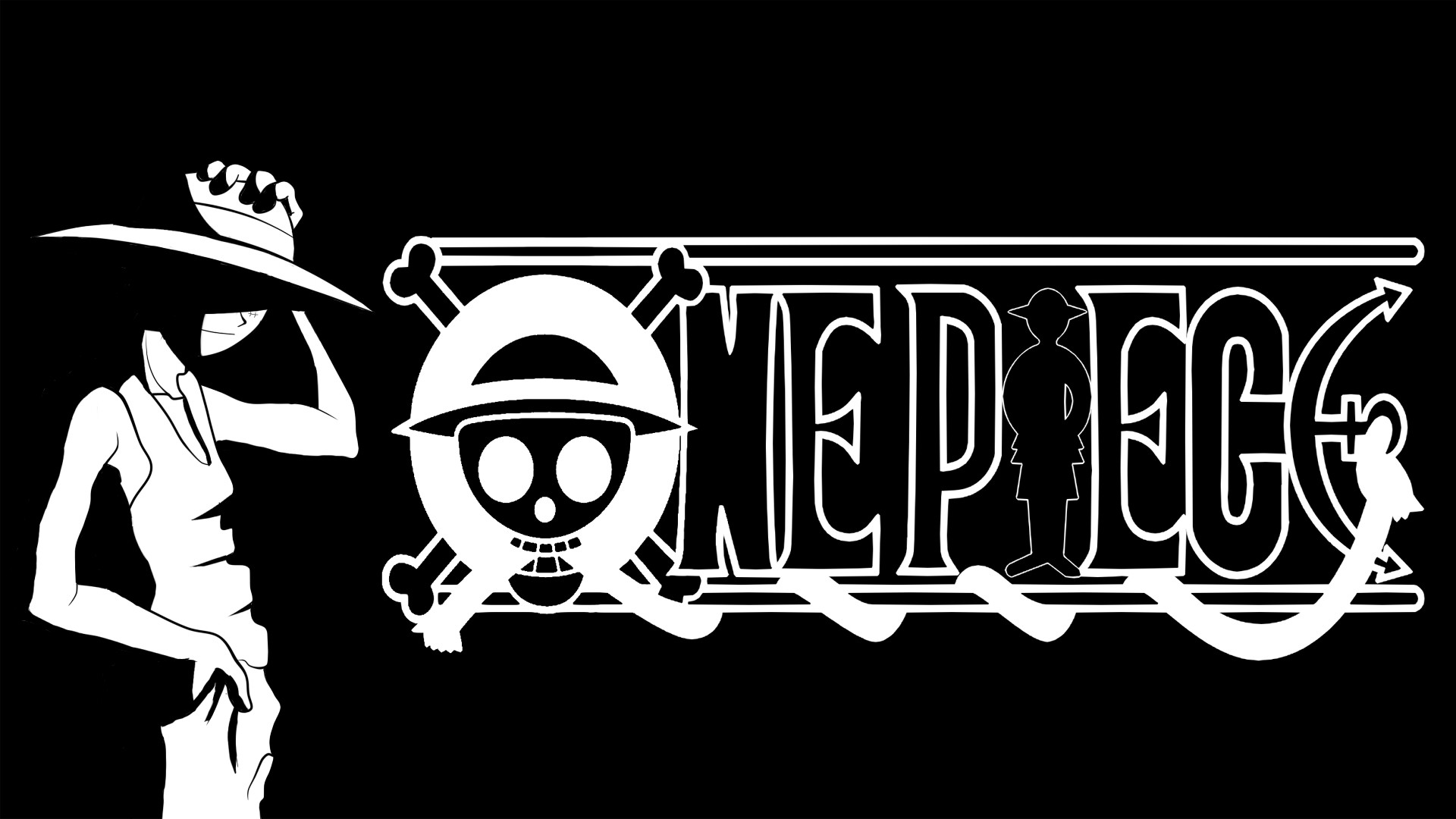 One Piece, Logo, Monkey D. Luffy, Bianco e nero, Full HD, sfondo per PC