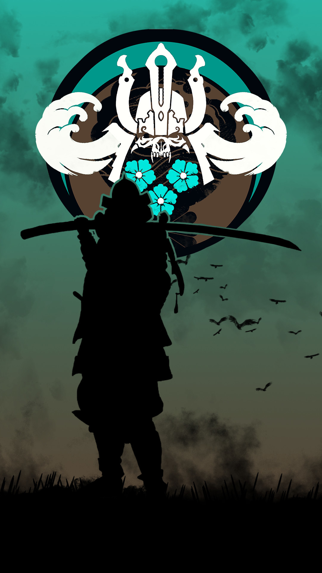 For Honor, Samurai, Emblema, Silhouette, Verde acqua, Full HD, wallpaper per smartphone