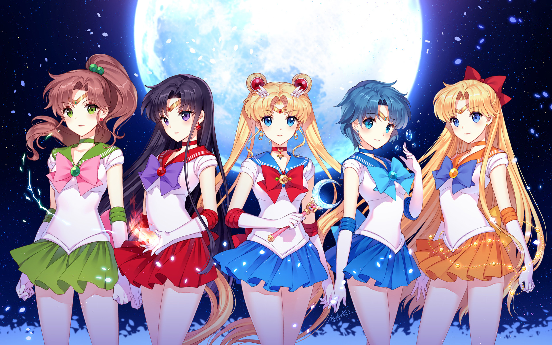 Sailor Moon, Sailor Jupiter, Sailor Mars, Sailor Mercury, Sailor Venus, Luna piena, sfondo Full HD