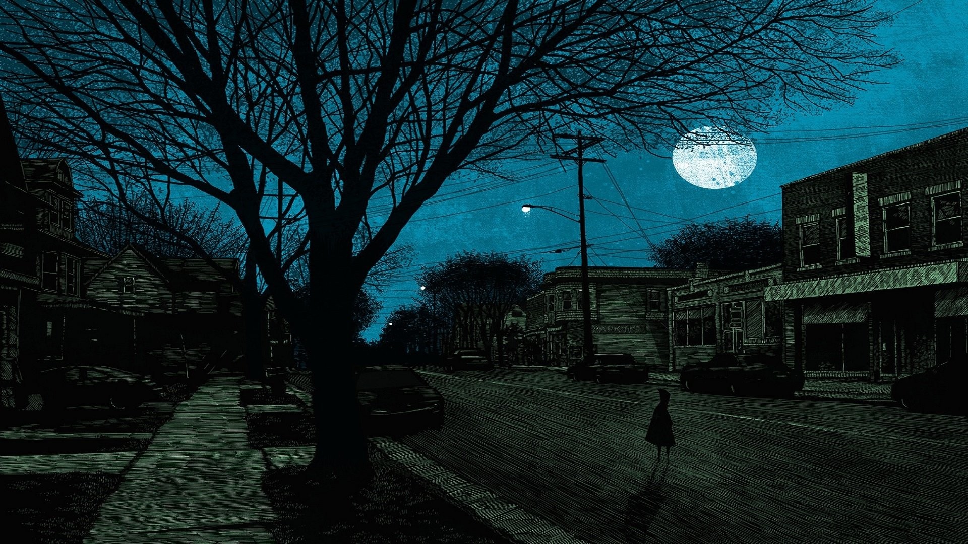 Strada di città, Luna piena, Alberi spogli, Notte, Inquietante, Full HD, sfondo per PC e portatile