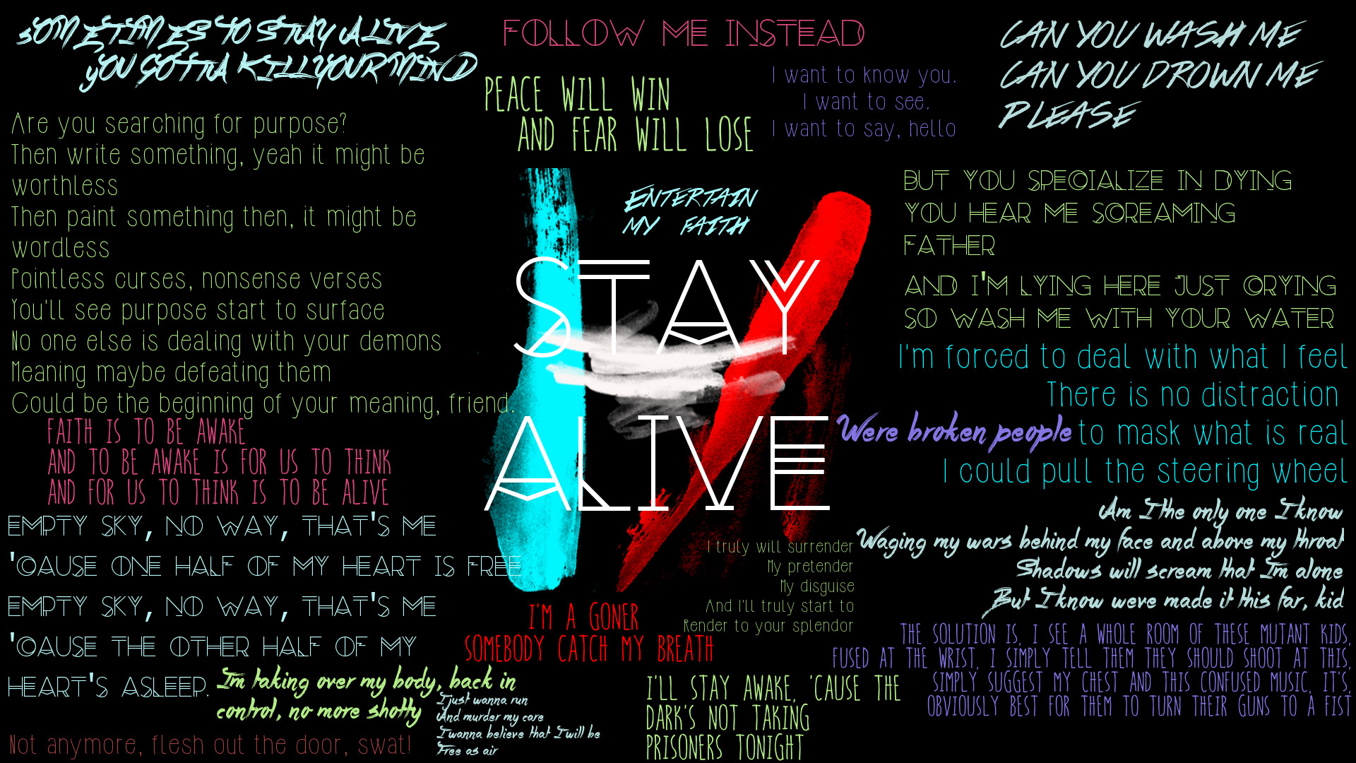 Twenty One Pilots, Stay Alive, Testo della canzone, Sfondo nero, wallpaper desktop Full HD