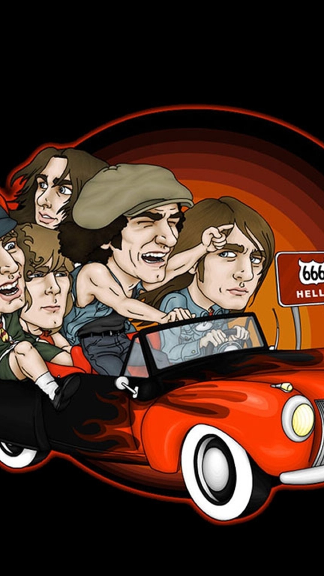 AC/DC, Caricatura, Auto rossa, Cartone animato, Full HD, sfondo per smartphone