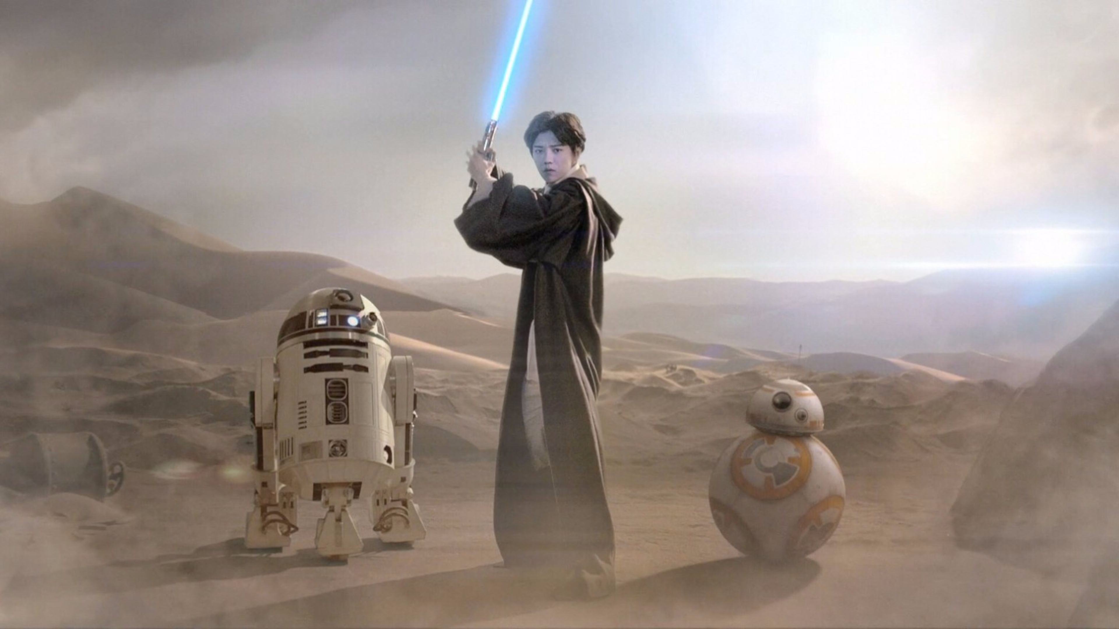 R2-D2, BB-8, Jedi, Spada laser, Deserto, 4K 2160p, sfondo desktop