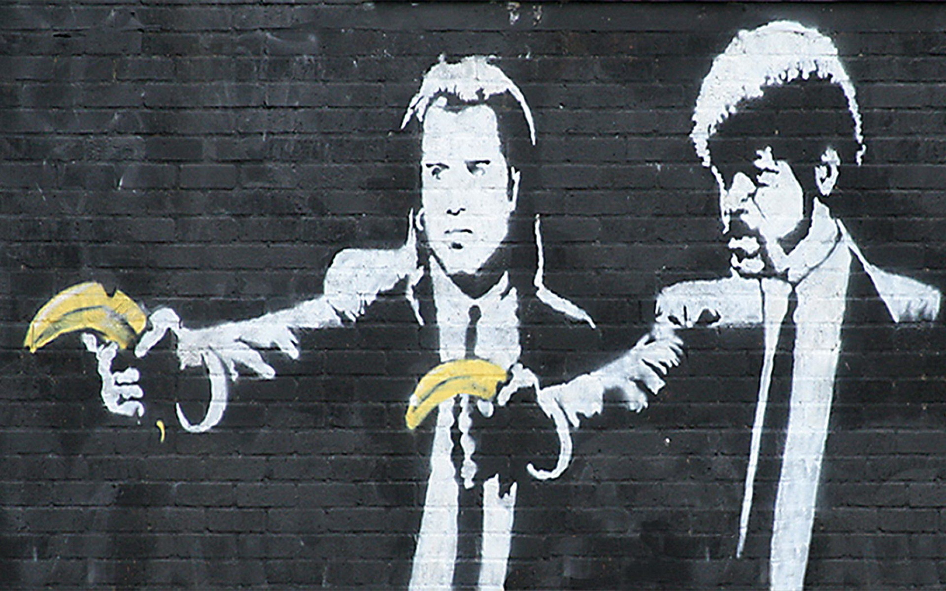 Pulp Fiction, Banksy, Banane, John Travolta, Samuel L. Jackson, Full HD, sfondo per PC e portatile