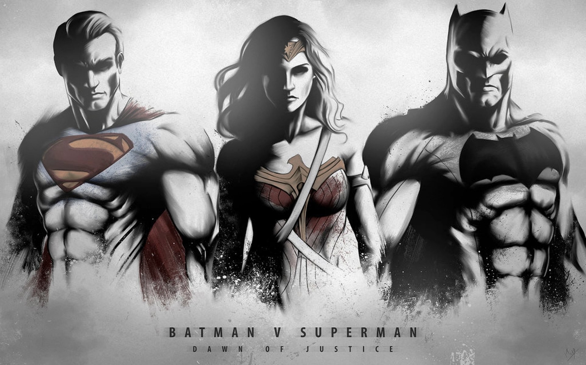 Superman, Wonder Woman, Batman, Batman v Superman: Dawn of Justice, Bianco e nero, sfondo Full HD