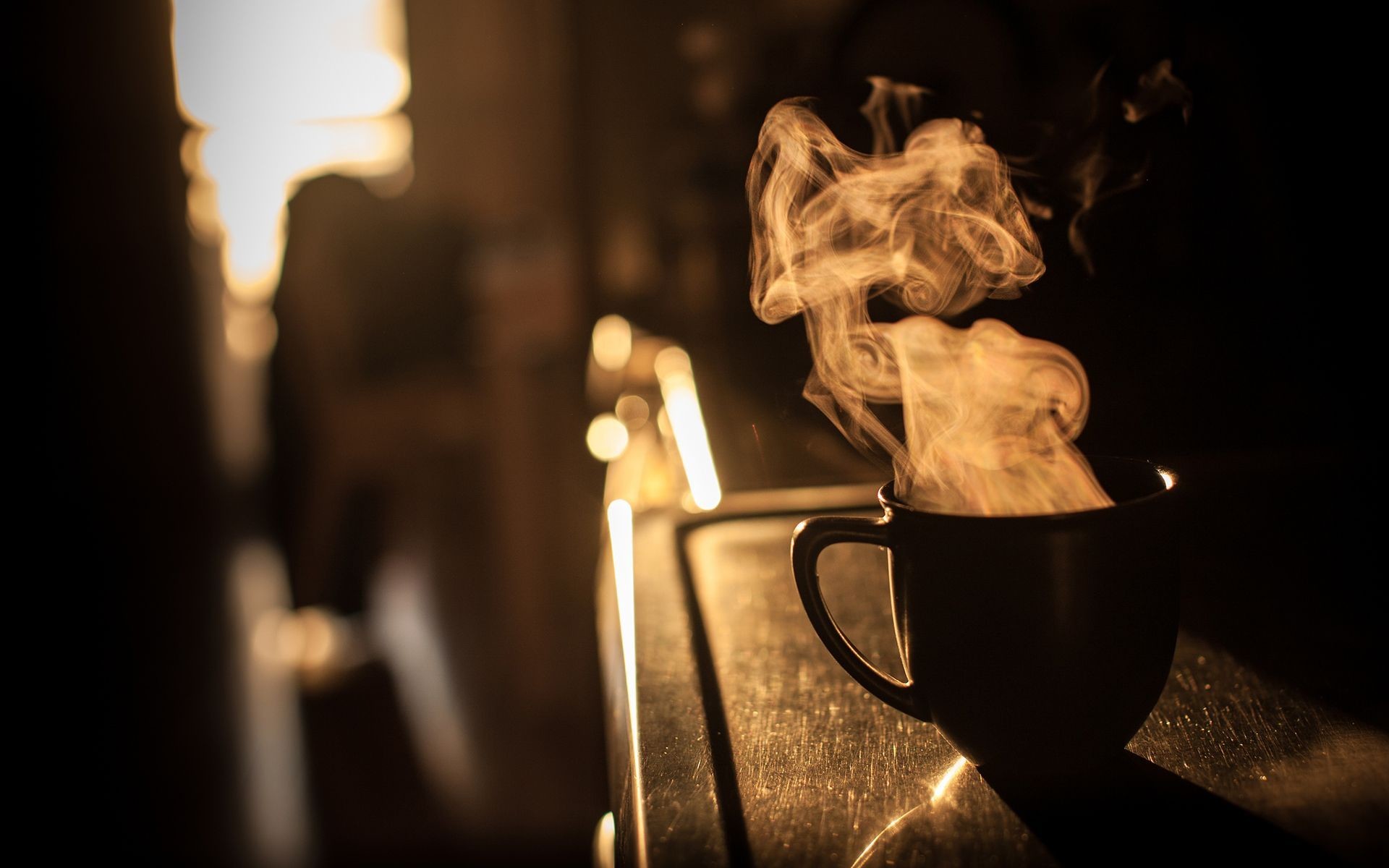Tazza di caffè, Vapore, Luce calda, Atmosfera, Full HD, wallpaper per computer
