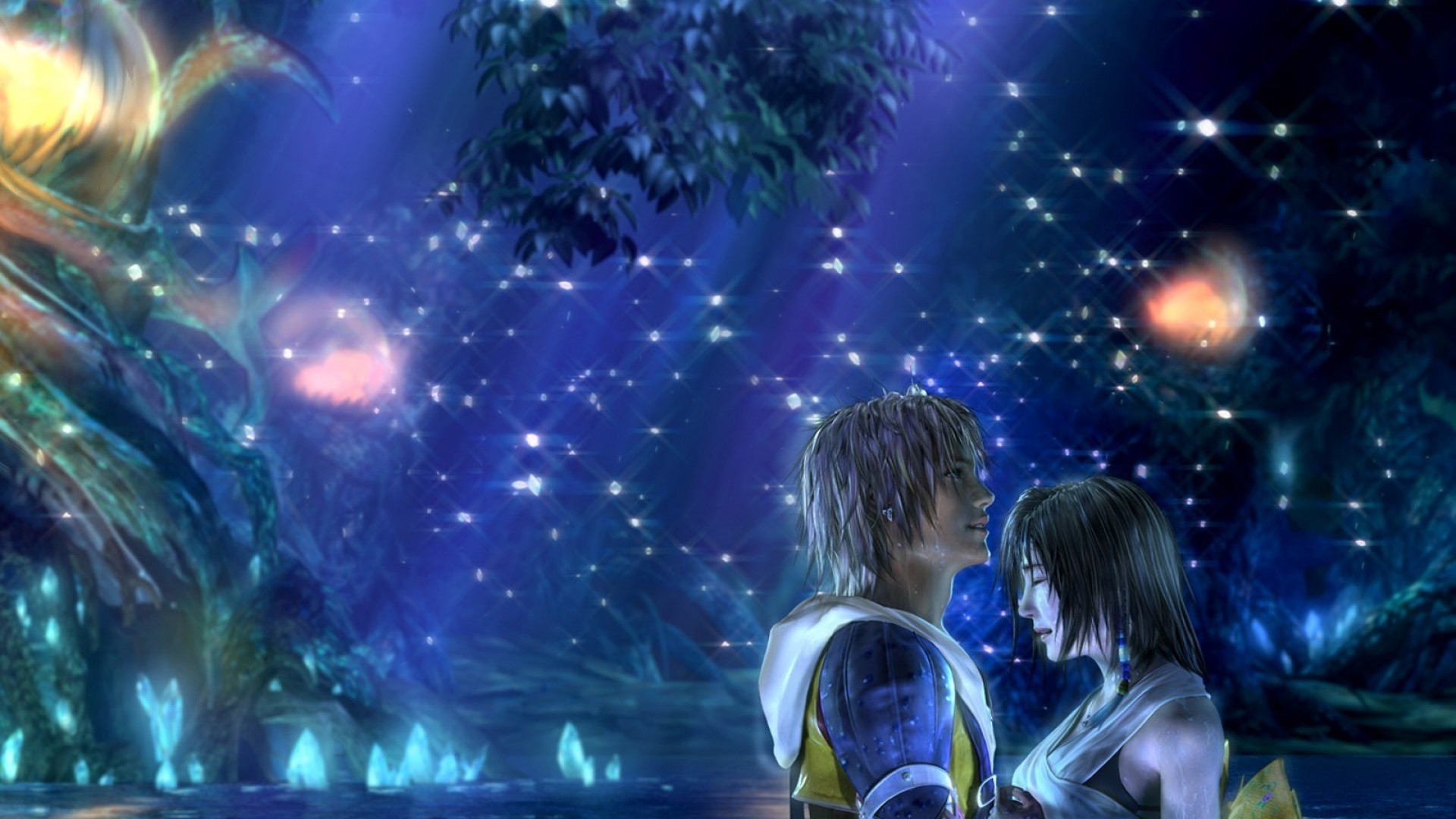 Tidus, Yuna, Final Fantasy X, Notte, Lucciole, Full HD, sfondo per PC e portatile