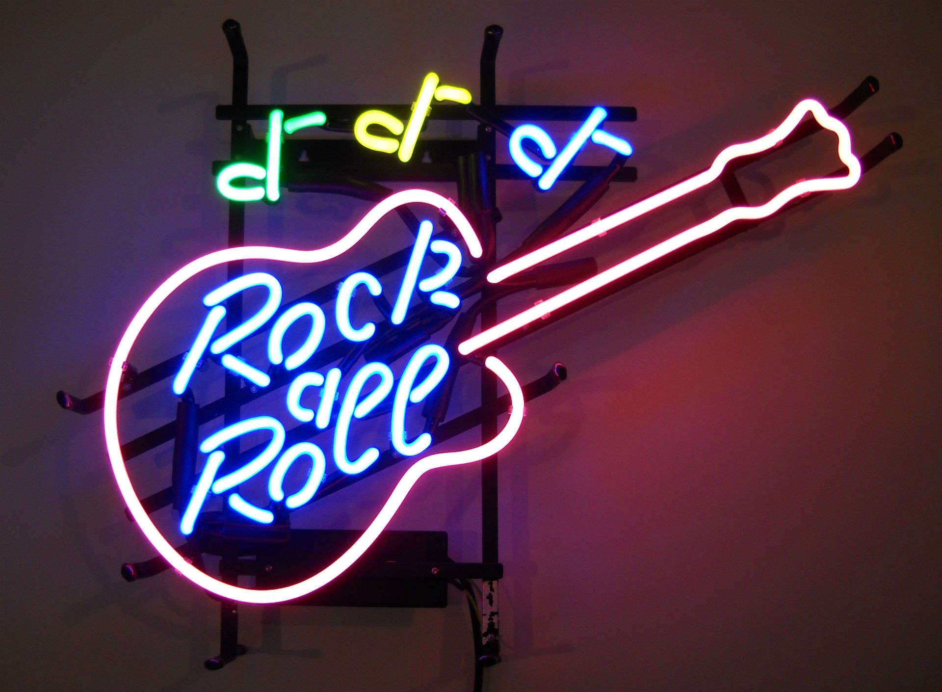 Rock and Roll, Insegna al neon, Chitarra, Full HD, sfondo desktop