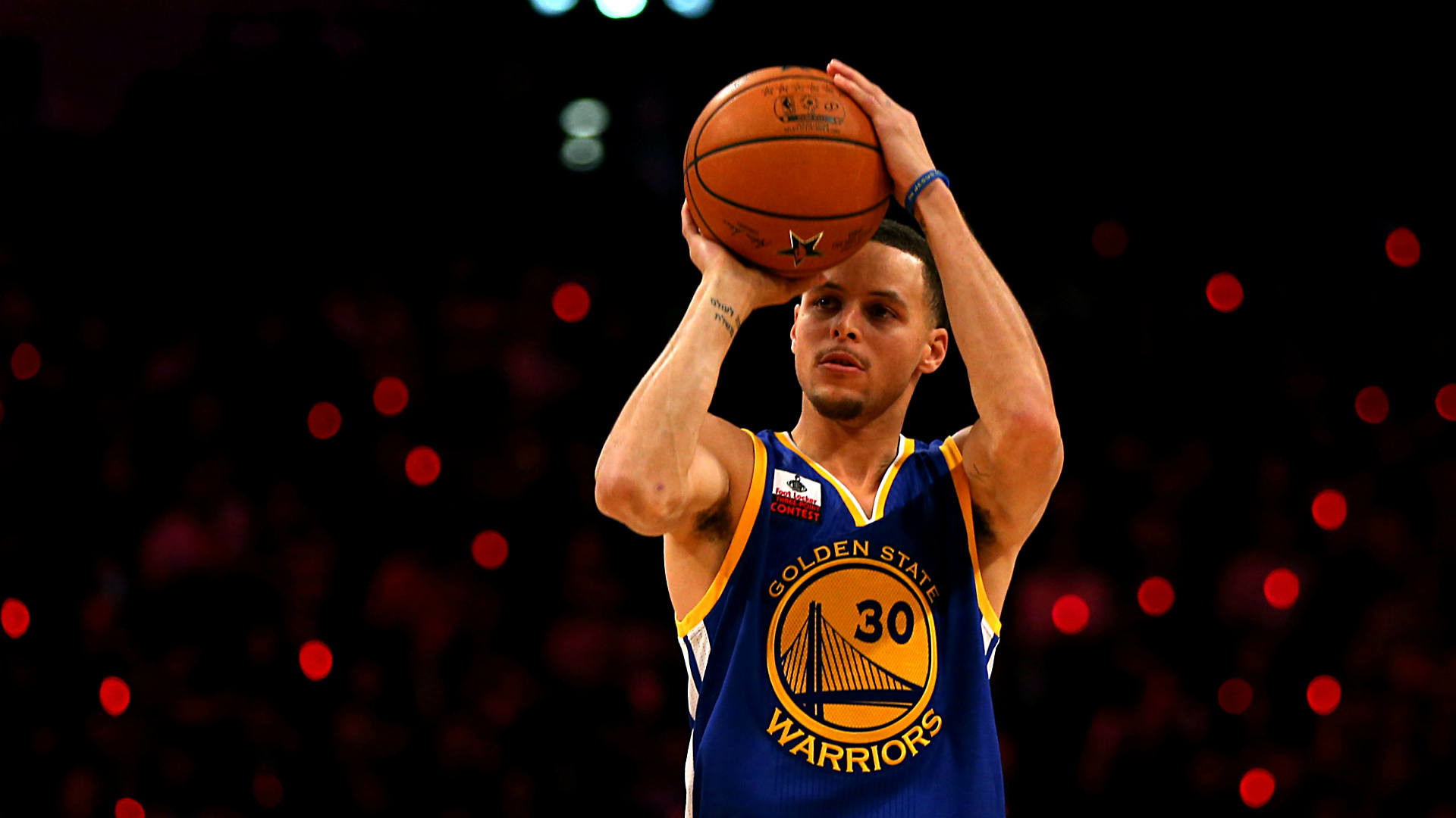 Stephen Curry, Golden State Warriors, Tiro, Bokeh rosso, 16:9 Full HD, sfondo widescreen