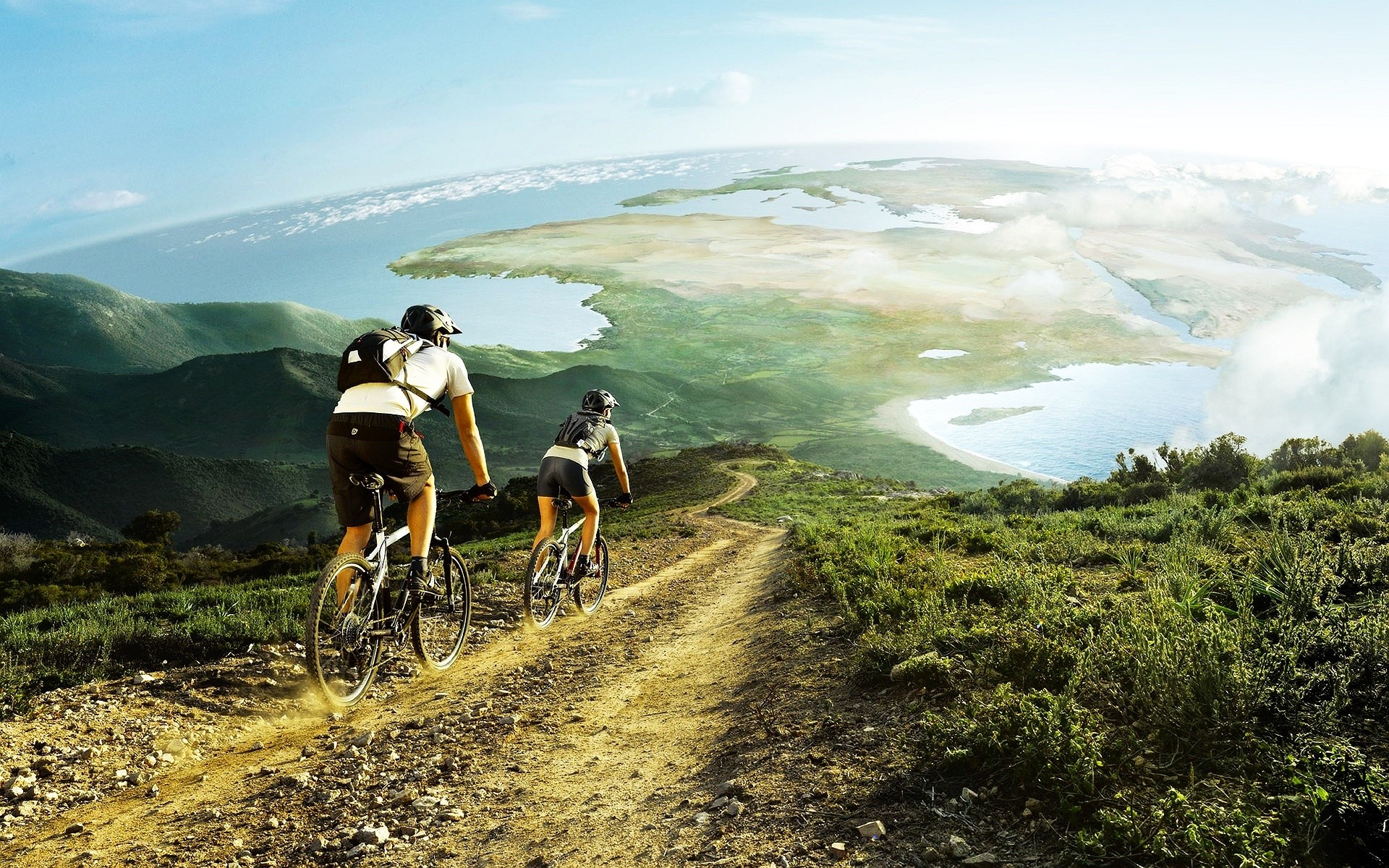 Mountain bike, Sentiero, Costa, Panorama, Ciclisti, 1920x1200, sfondo MacBook Pro