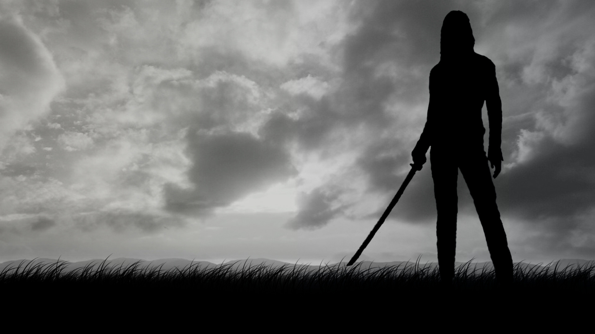 Kill Bill, La Sposa, Silhouette, Bianco e nero, Katana, 1920x1080, immagine di sfondo