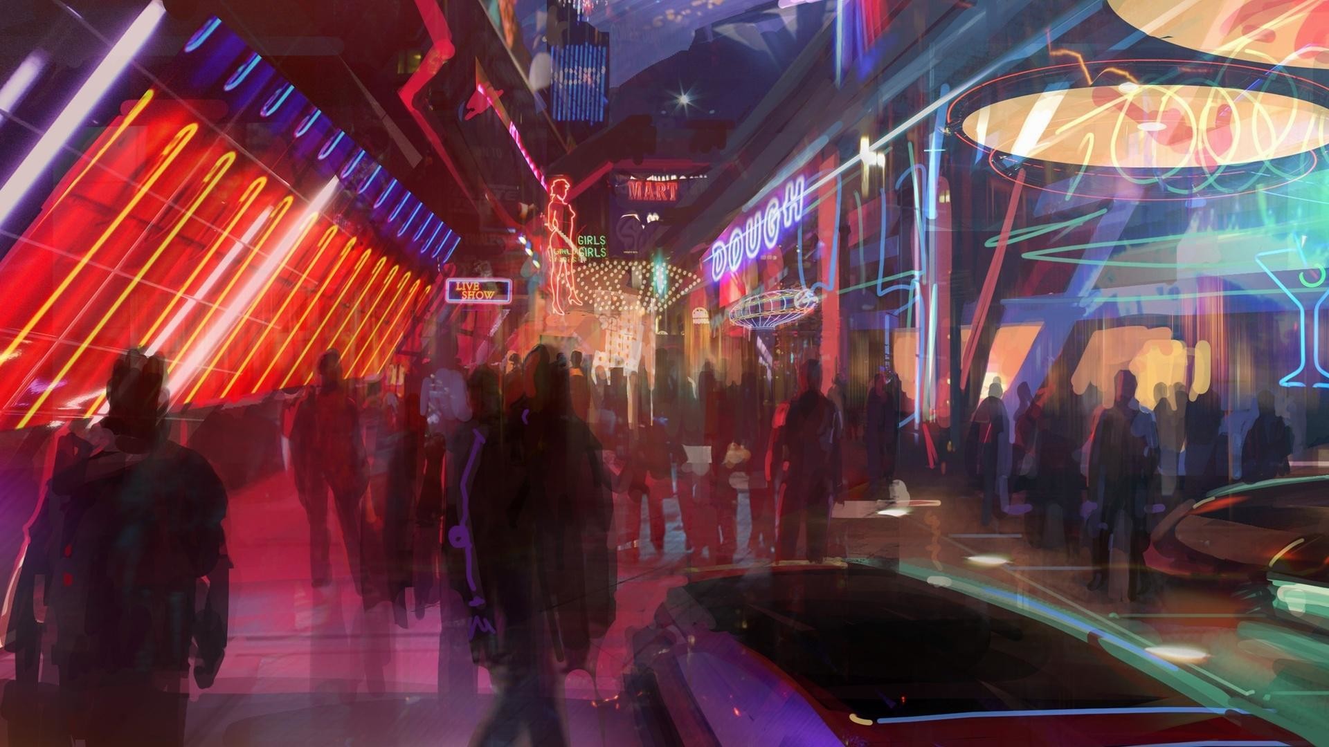 Strada cyberpunk, Neon, Folla, Notte, Full HD, sfondo desktop