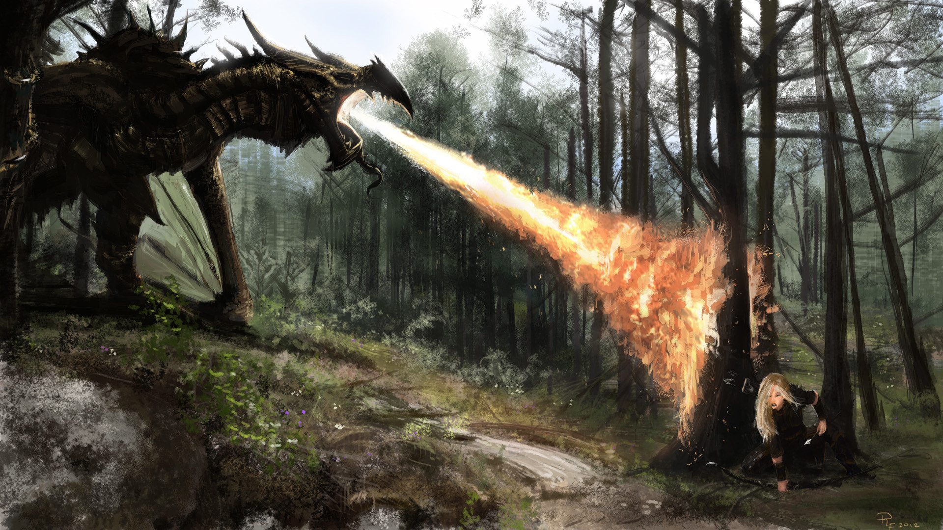 Drago, Fiamme, Foresta, Arte fantasy, 1920x1080, sfondo per PC