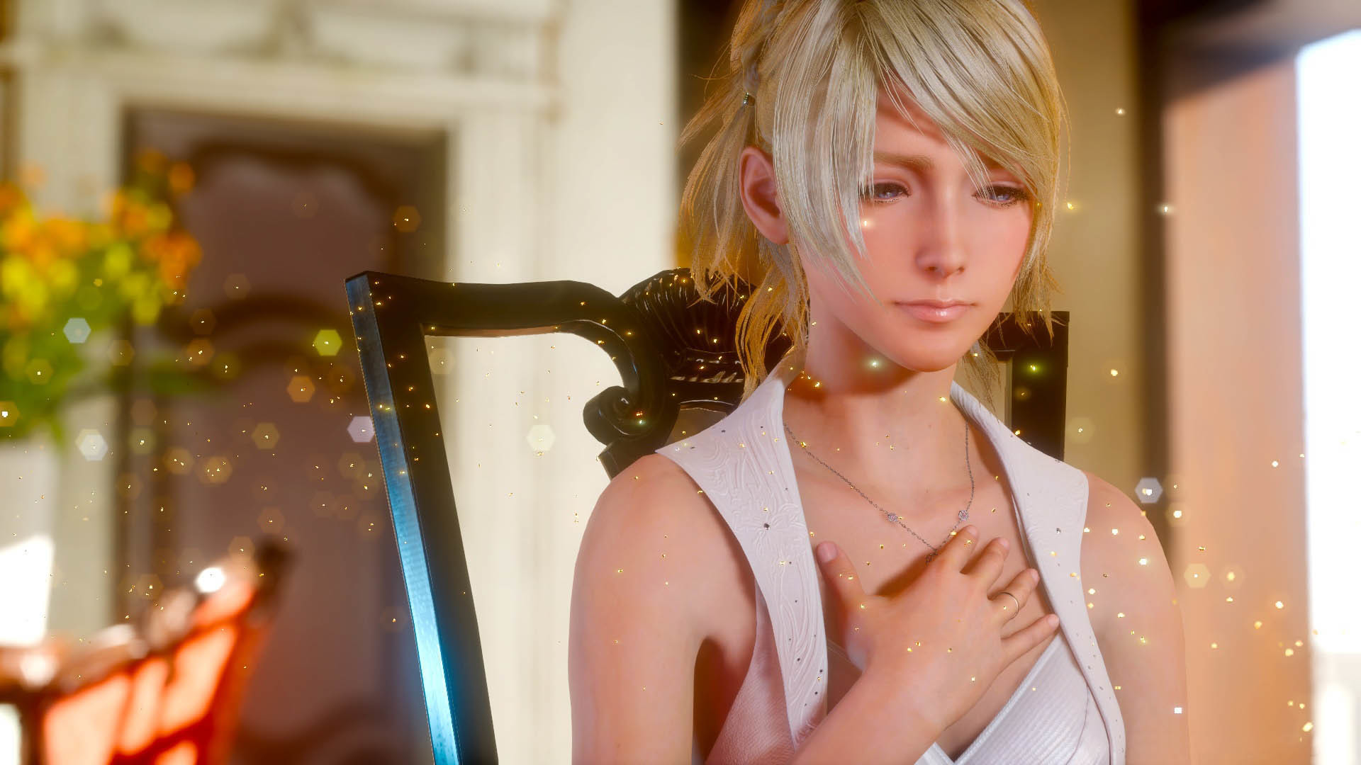 Lunafreya Nox Fleuret, Final Fantasy XV, Abito bianco, Luce calda, sfondo Full HD per portatile